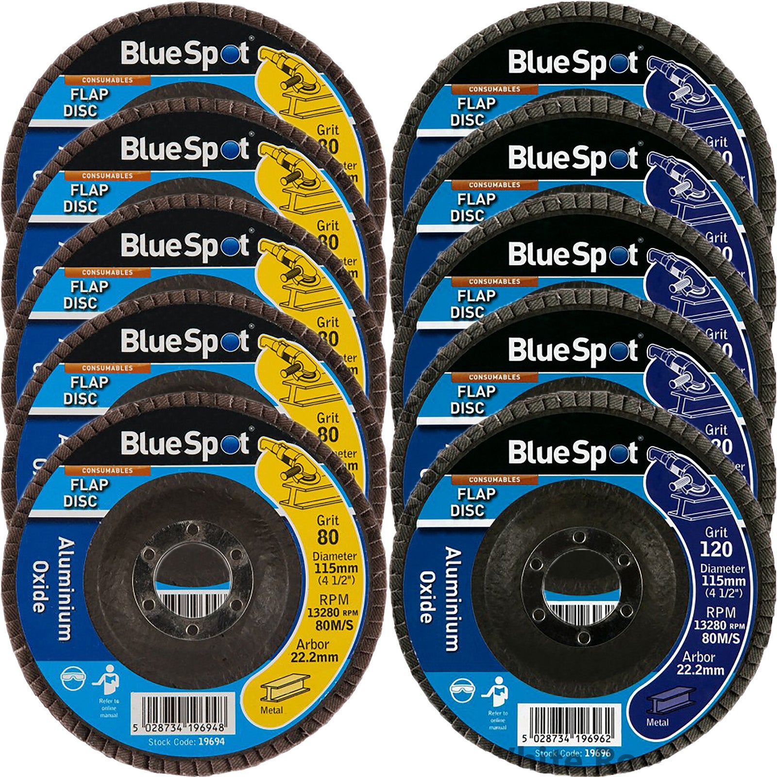 BlueSpot 115mm Aluminium Oxide Flap Sanding Discs 40-120 Grit