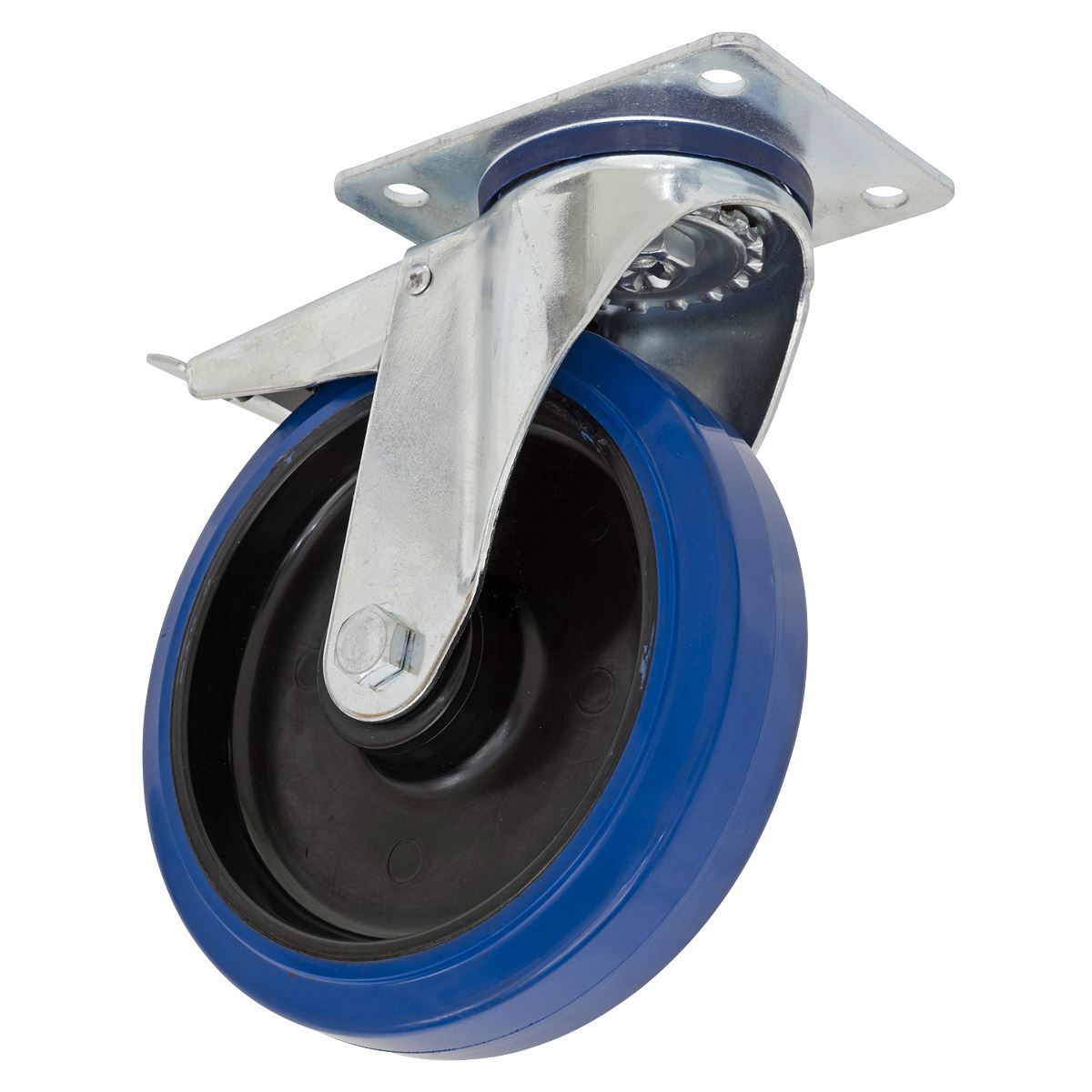 Sealey Heavy-Duty Blue Elastic Rubber Castor Wheel Swivel with Total Lock Ø200mm - Trade