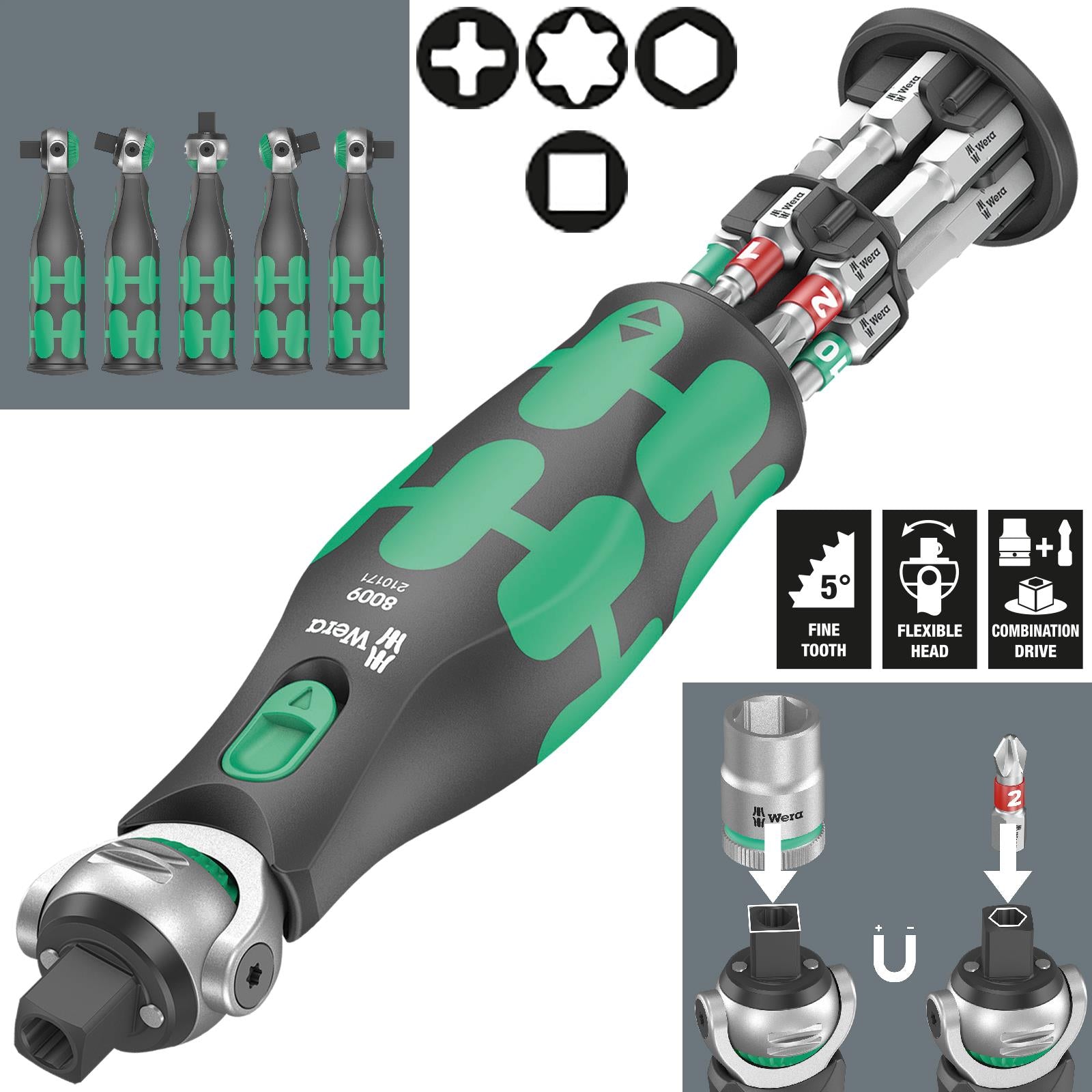 Wera Compact Screwdriver Socket Wrench Zyklop Pocket Imperial Set 1 13 Pieces 8009 3/8" Drive 1/4" Hex