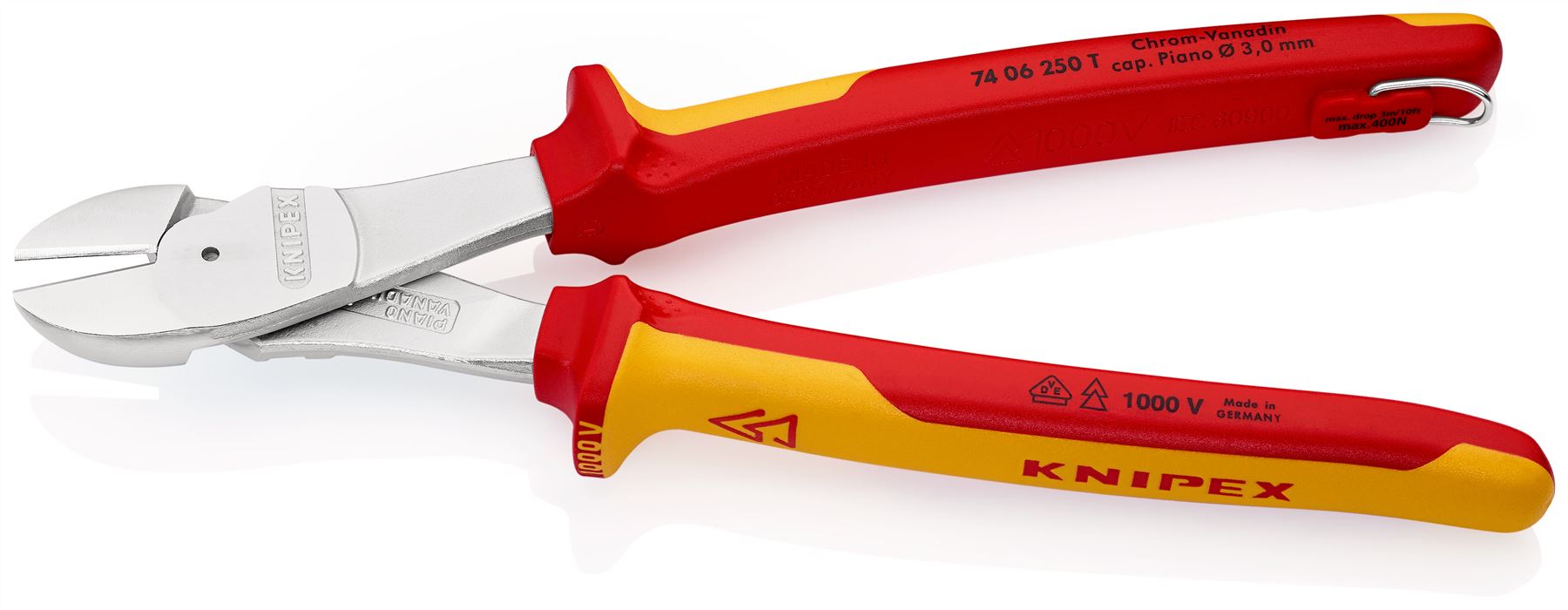 Knipex High Leverage Diagonal Cutter 250mm VDE Insulated 1000V with Tether Point 74 06 250 T