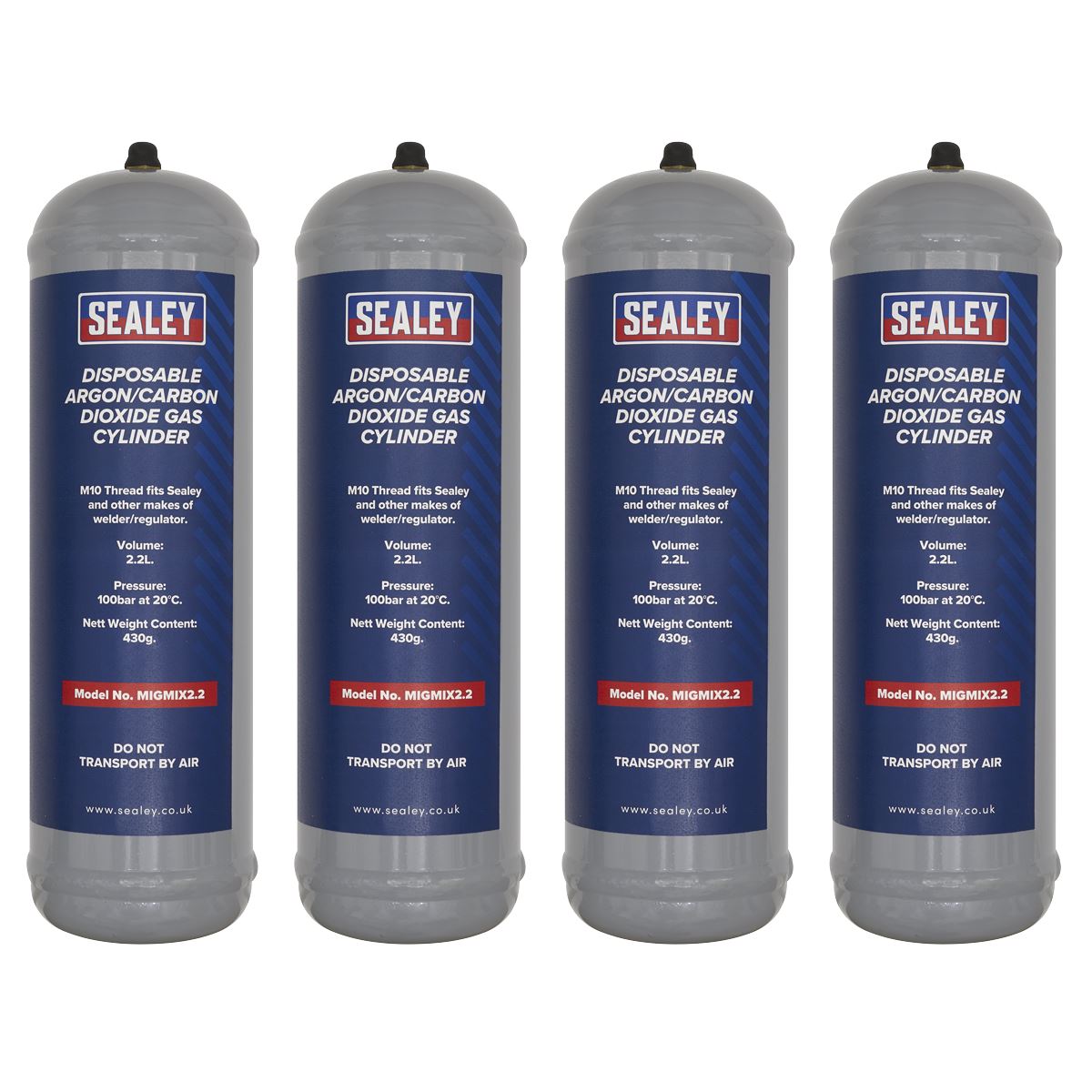 Sealey 430g 2.2L, Disposable Argon/Carbon Dioxide Gas Cylinder - Pack of 4