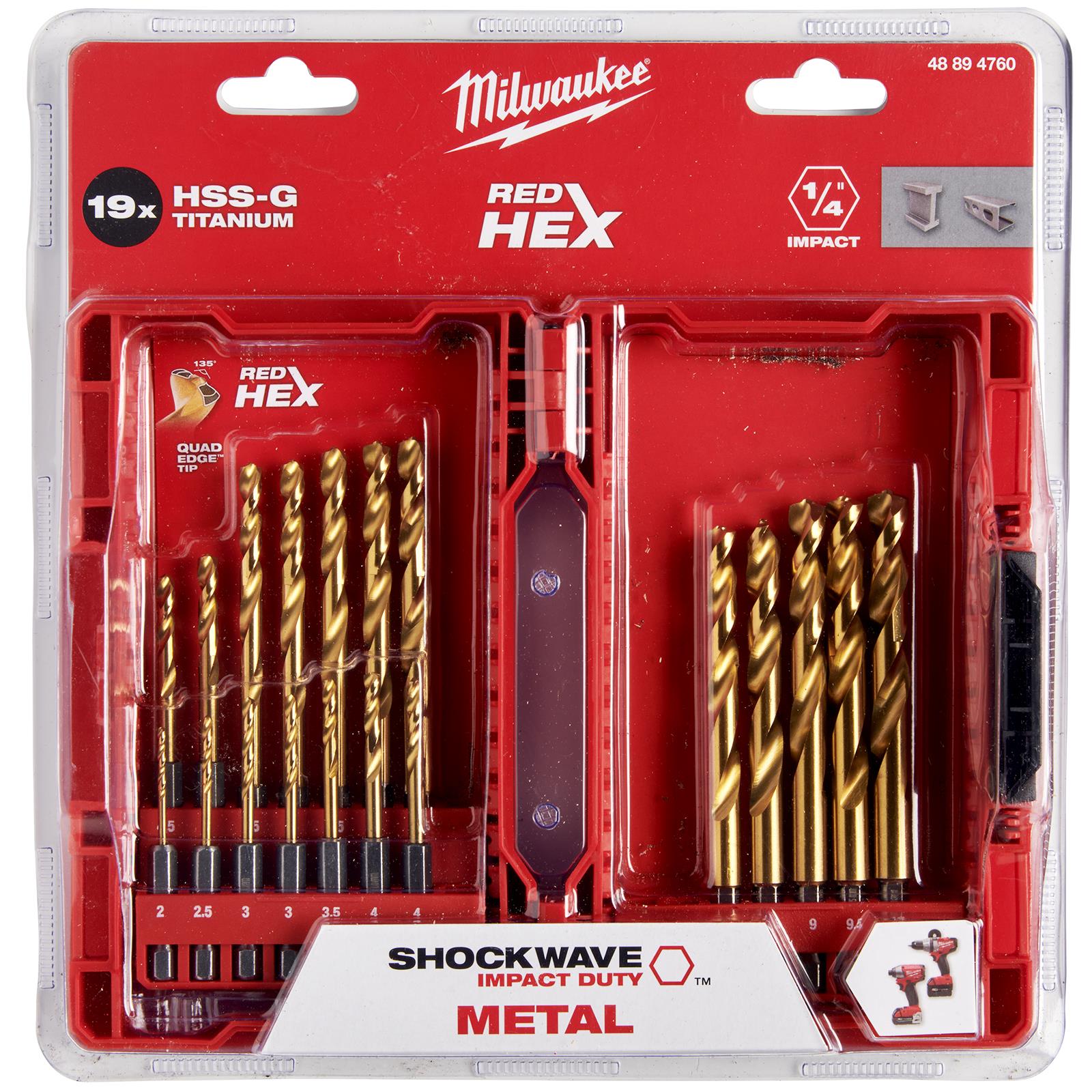 Milwaukee Red Hex Metal Drill Bit Set 19 Piece Shockwave Impact Duty 2-10mm