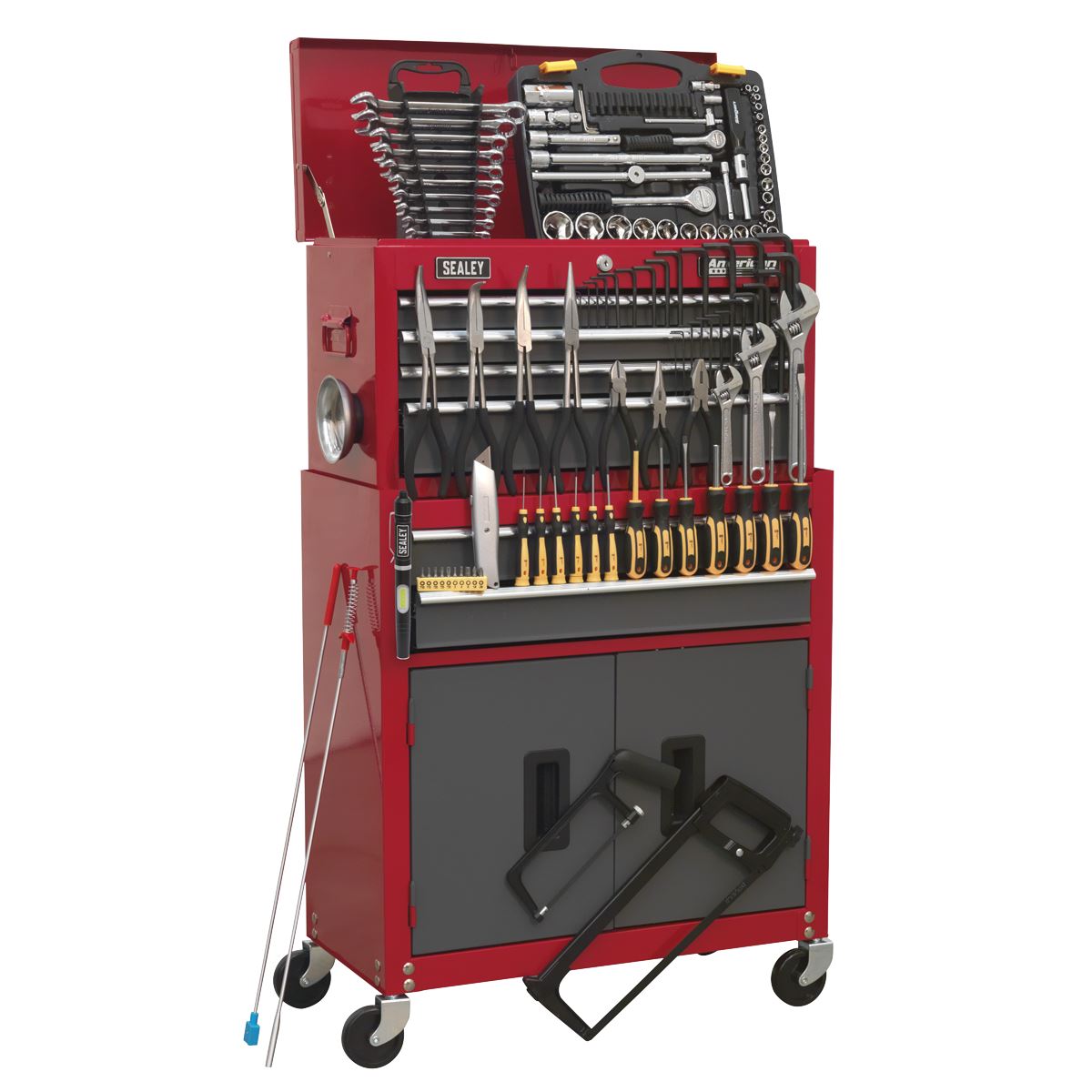 Sealey American Pro Topchest & Rollcab Combination 6 Drawer with Ball-Bearing Slides - Red/Grey & 170pc Tool Kit