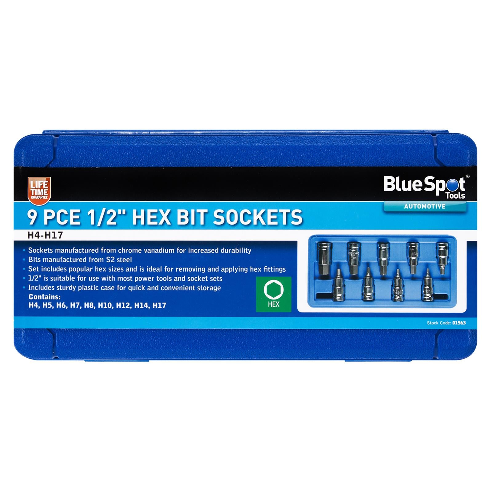 BlueSpot Hex Bit Socket Set 9 Piece 1/2" Drive 4-17mm S2 Steel