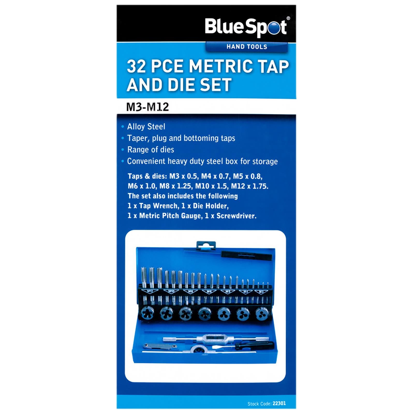 BlueSpot Tap and Die Set Metric 32 Piece M3-M12 Steel Storage Box