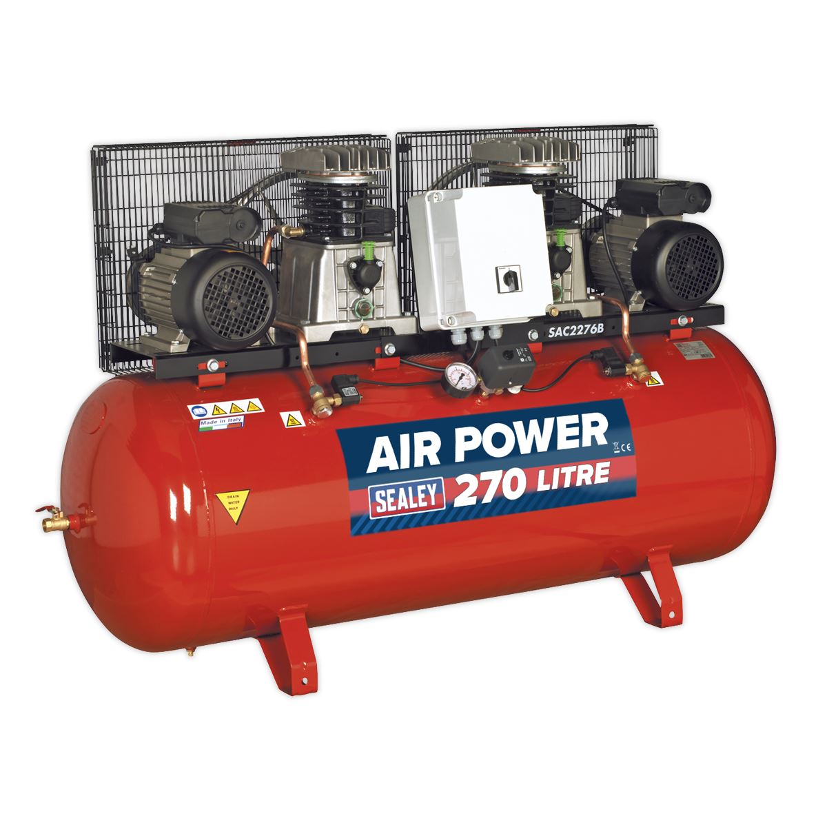 Sealey Air Compressor 270L Belt Drive 2 x 3hp with Cast Cylinders