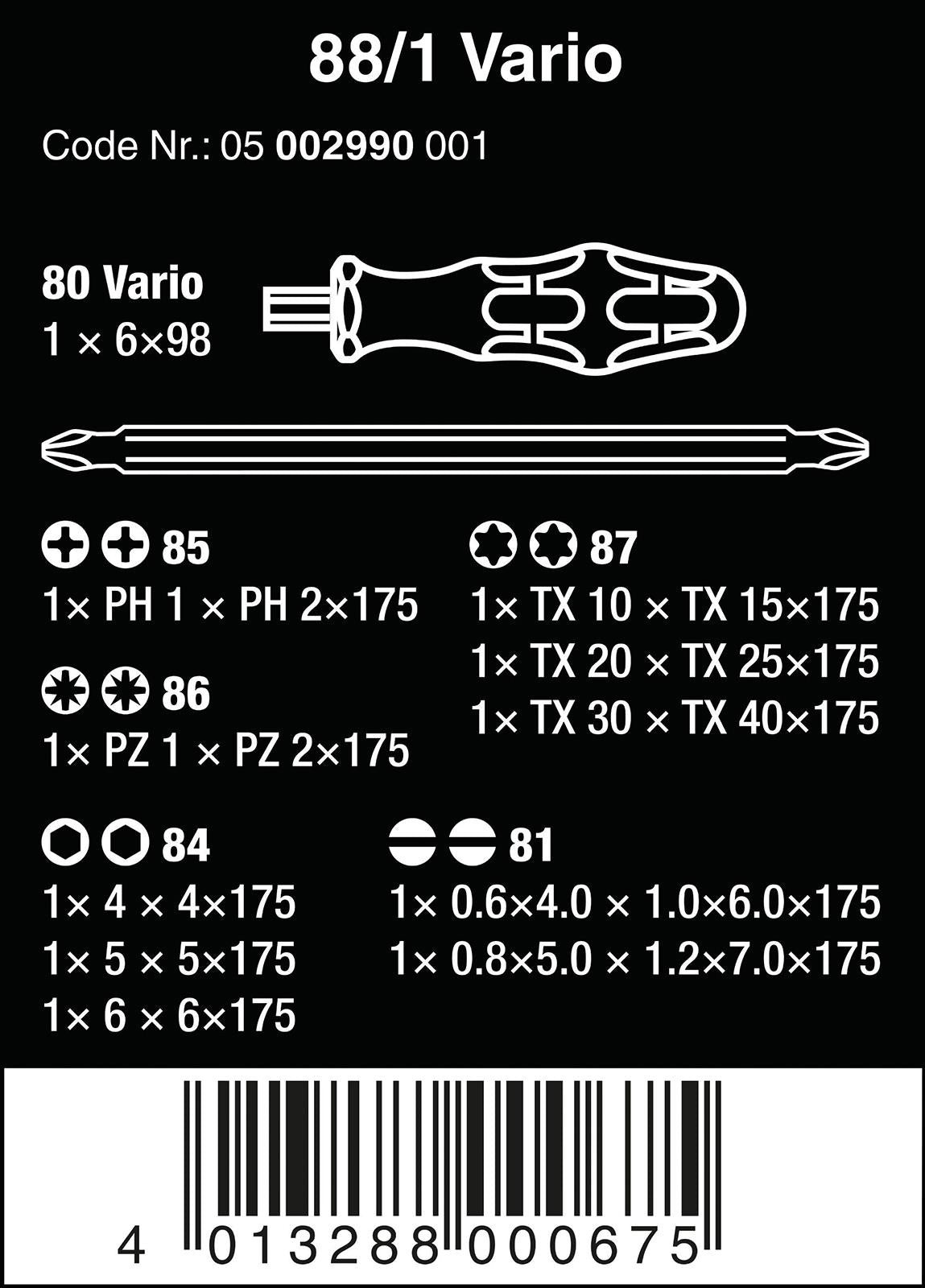 Wera Screwdriver Set 88/1 Vario Set 11 Piece Kraftform Kompakt Handle 175mm Combination Blades