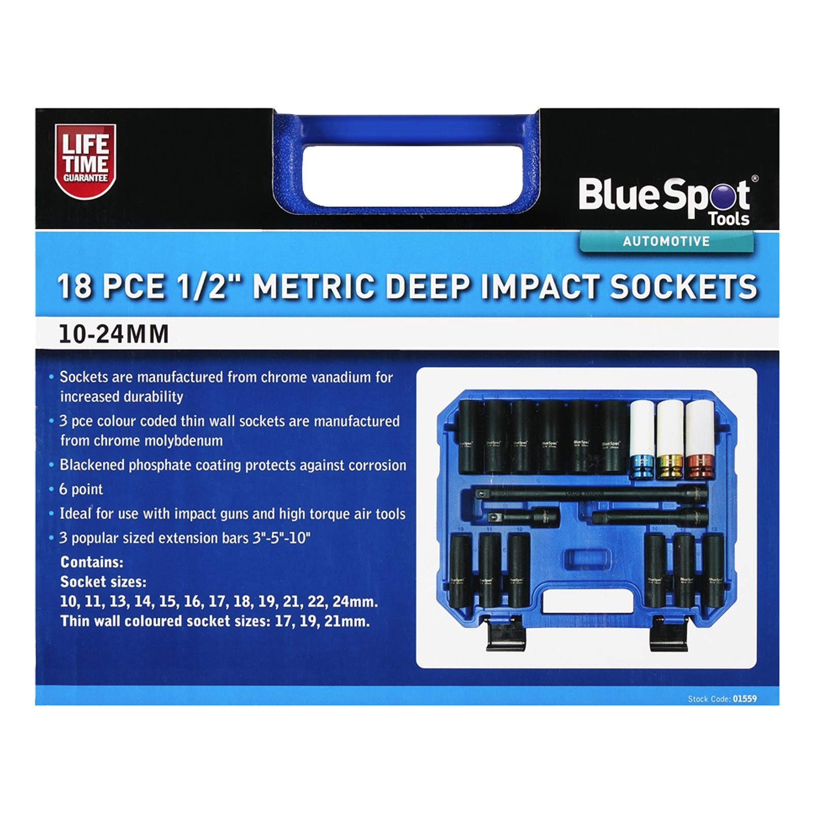 BlueSpot 1/2" Metric Deep Impact Sockets (10-24mm) 18 Pieces