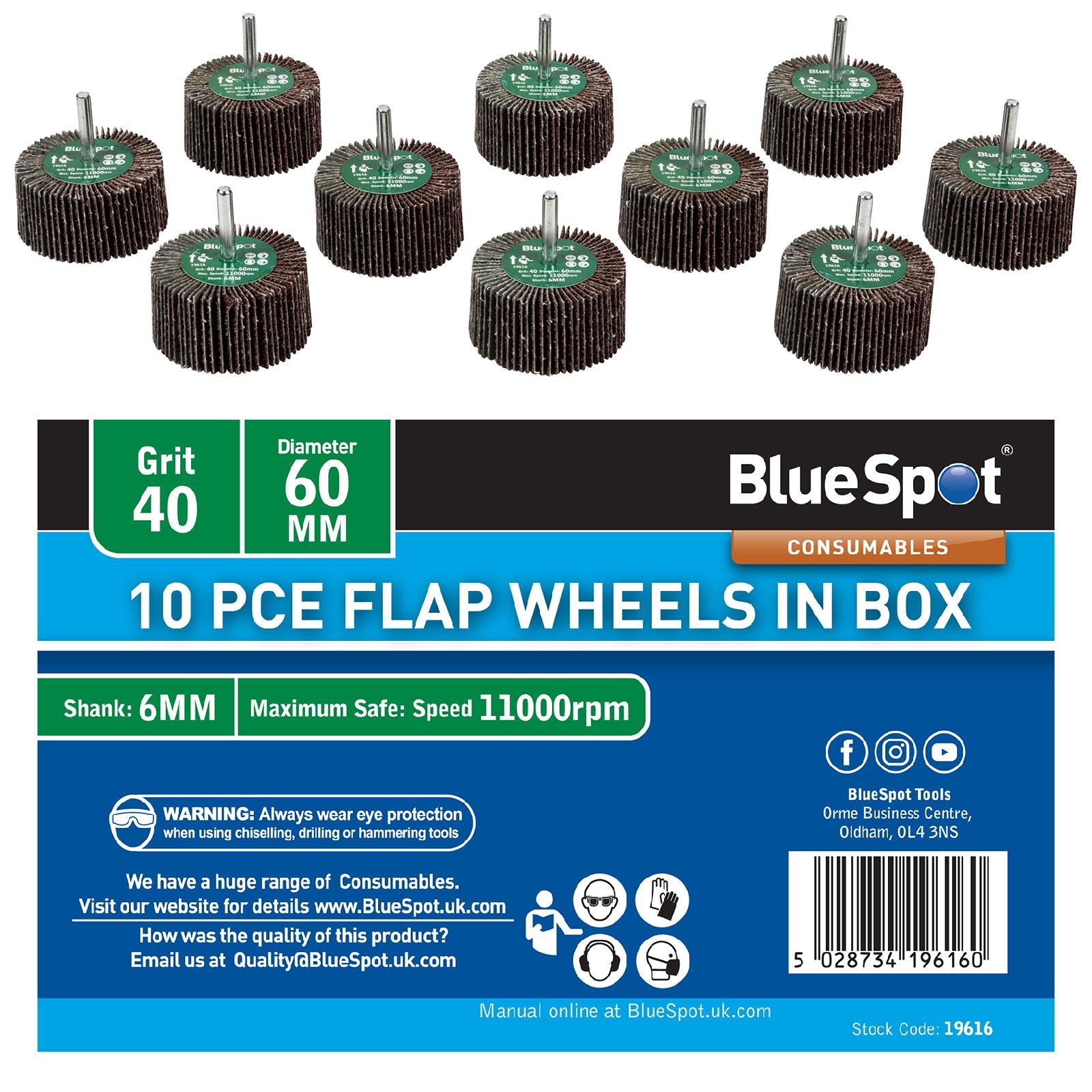 BlueSpot Flap Wheels In Box 10 Pieces 40 Grit 60mm