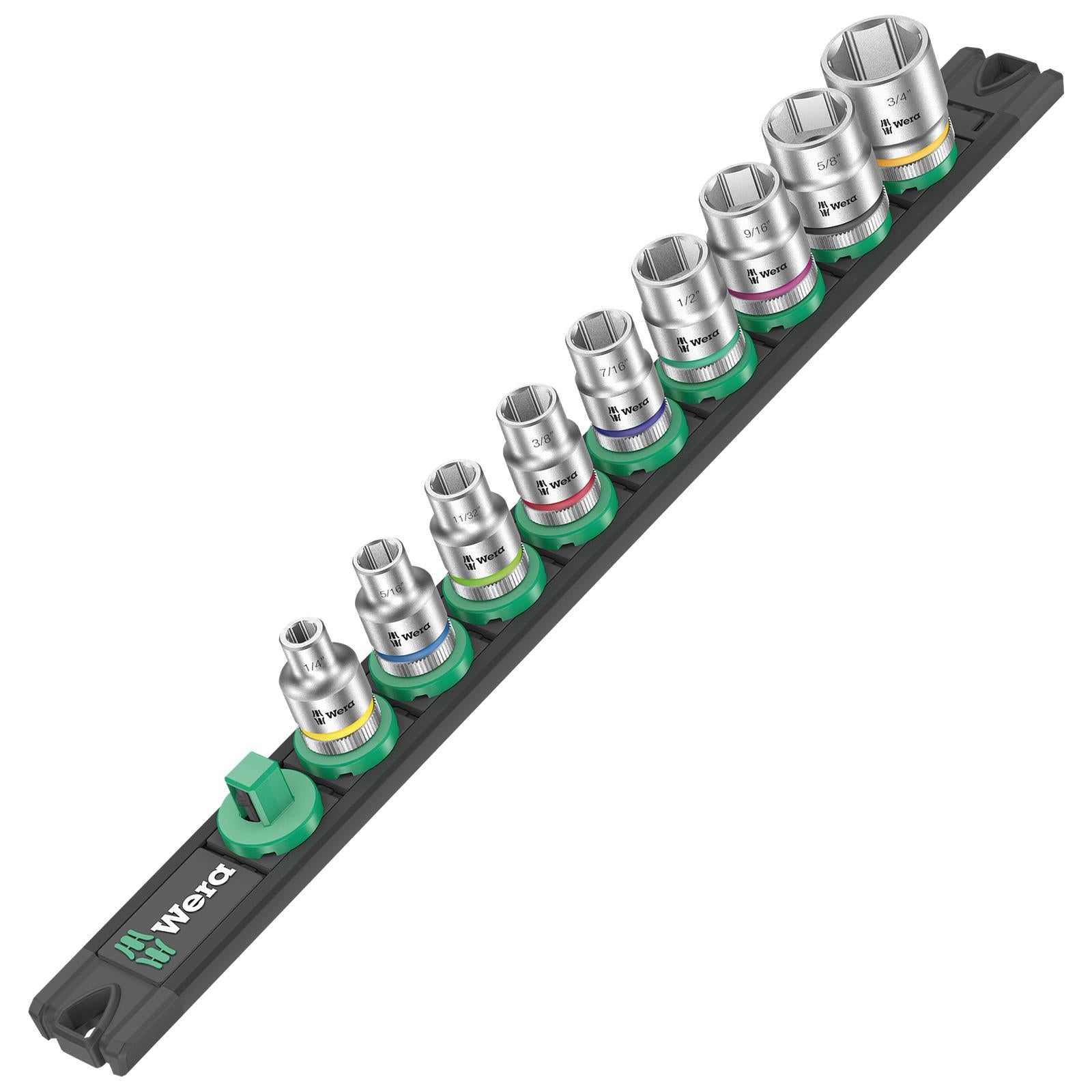 Wera Socket Set 3/8" Drive on Magnetic Socket Rail B Imperial 1 Zyklop 9 Pieces 1/4" to 3/4