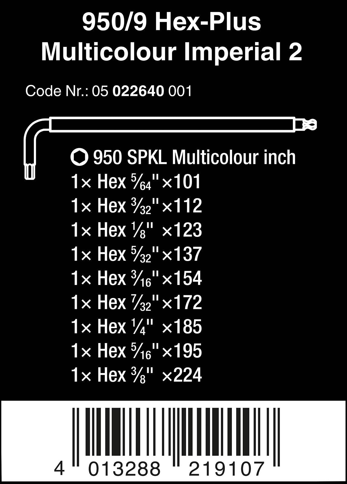 Wera Hex Plus Multicolour Imperial 2 950/9 L Key Set BlackLaser 9 Piece 5/64"-3/8