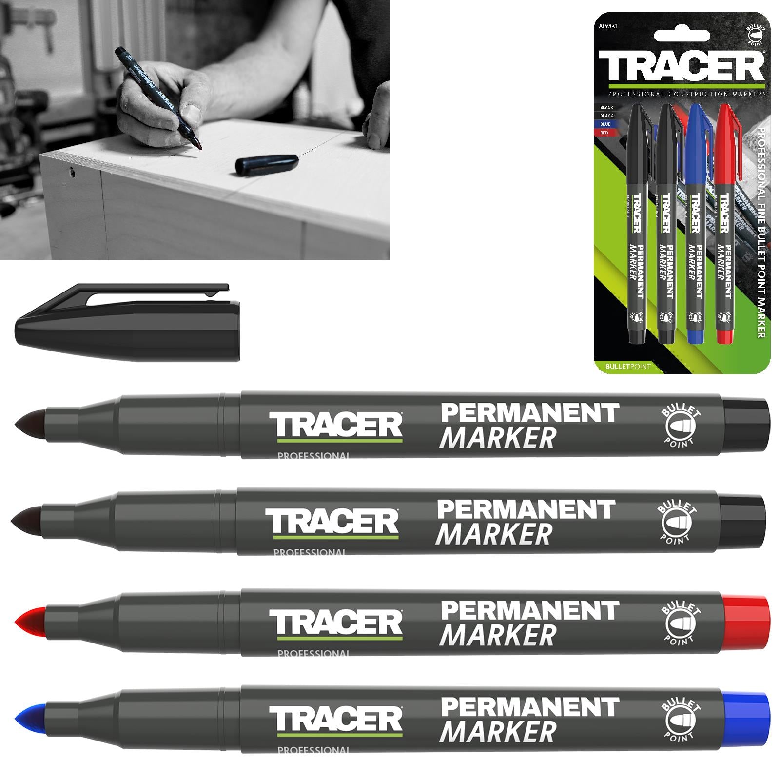 TRACER Permanent Marker Pen Pack of 4 Black Red Blue 1-2mm Fine Bullet Point