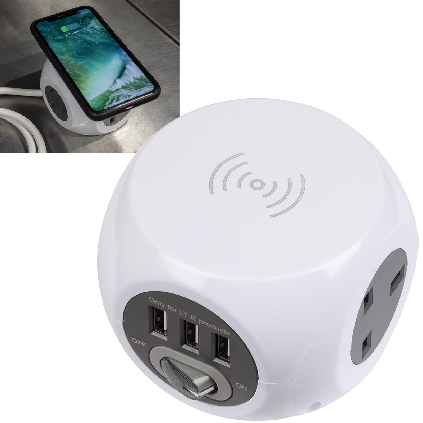 Sealey Extension Cable Cube 1.4m 3 x 230V 3 x USB Sockets and Wireless Charging Pad