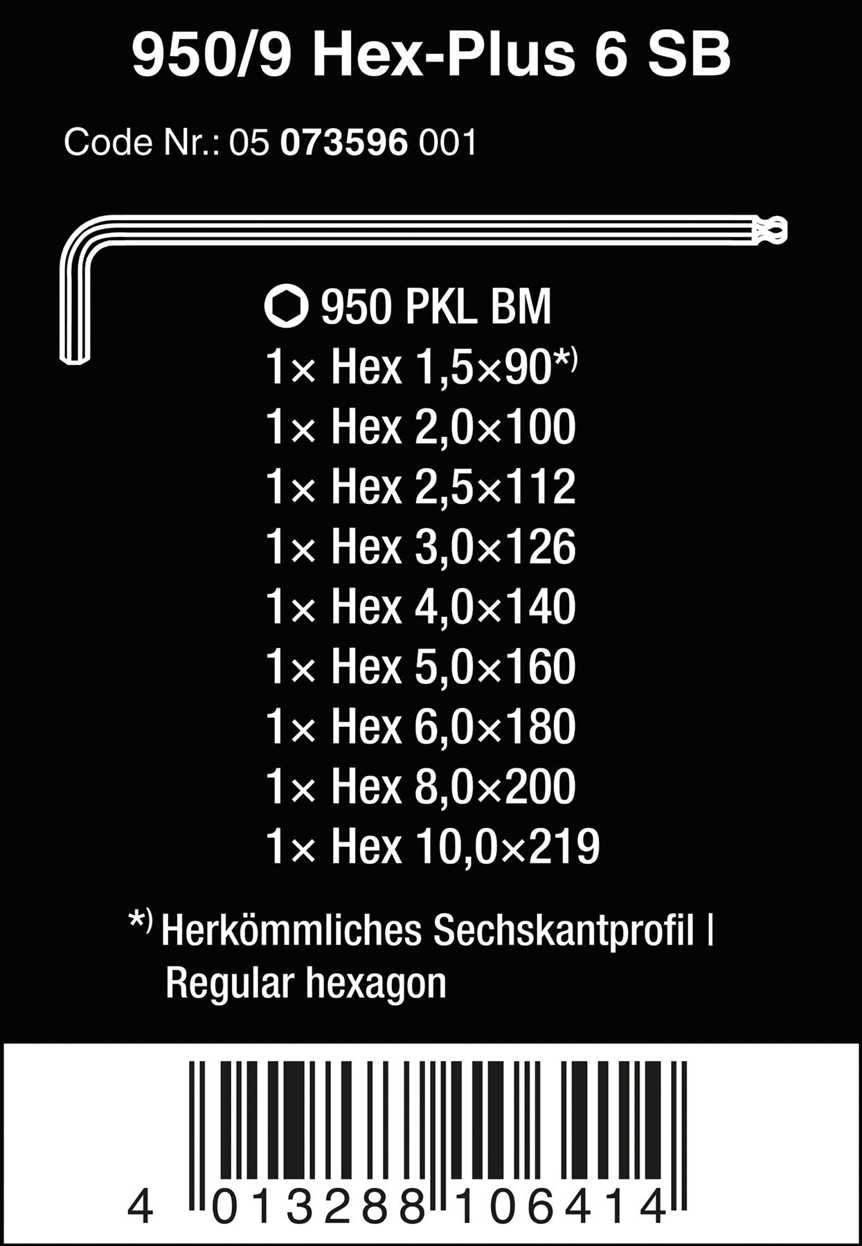 Wera Hex Key Set 950/9 Hex Plus 6 SB L-Key Set Metric BlackLaser 9 Piece 1.5-10mm