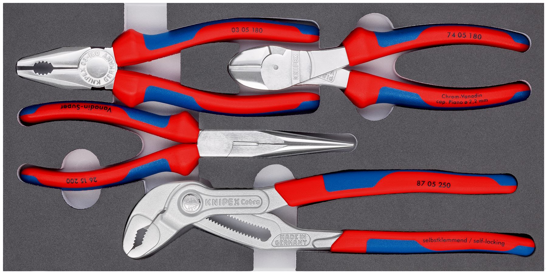 Knipex Set of Pliers in Foam Tray 4 Piece Multi Component Grips Chrome Plated 00 20 01 V17