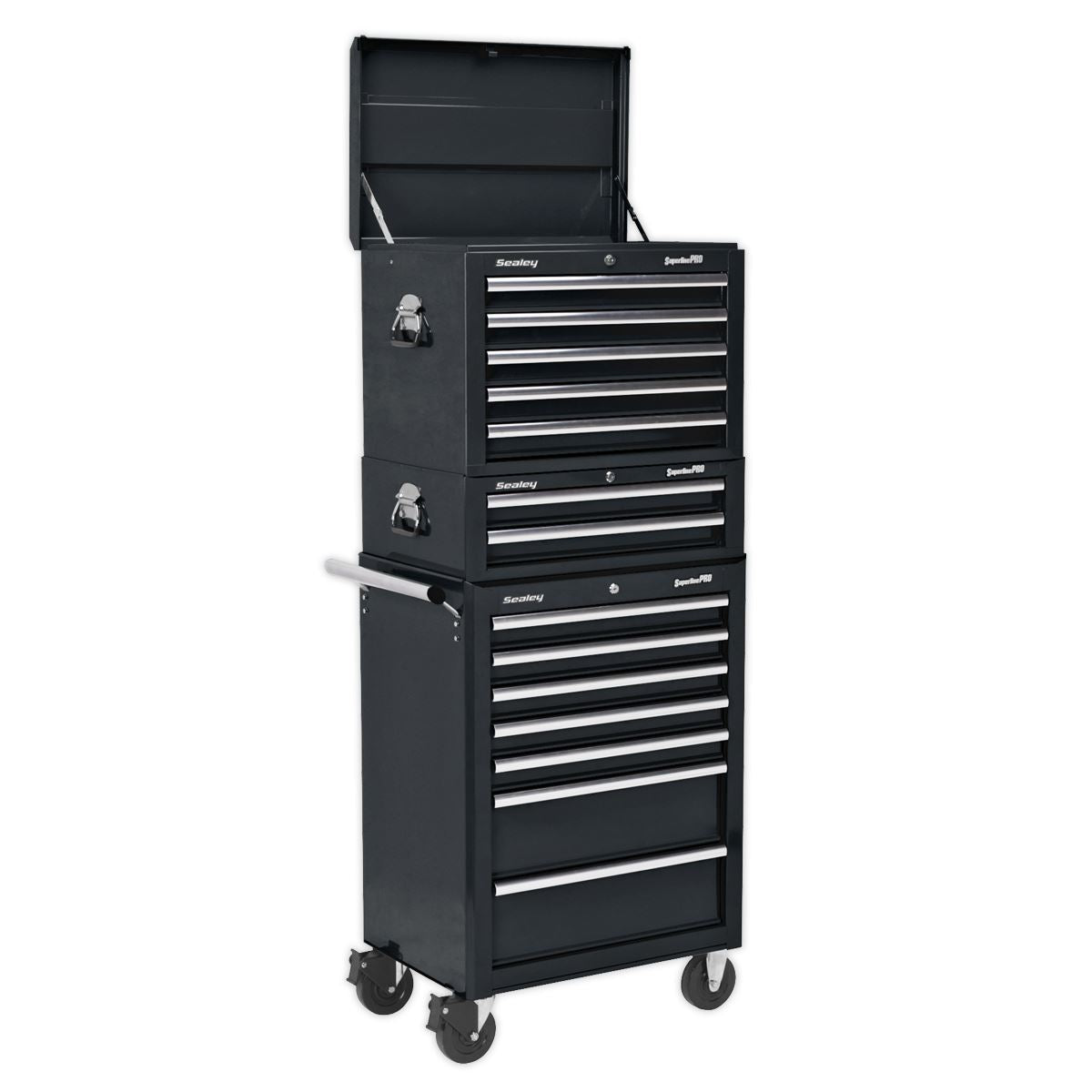 Sealey Superline Pro Topchest, Mid-Box Tool Chest & Rollcab Combination 14 Drawer with Ball-Bearing Slides - Black