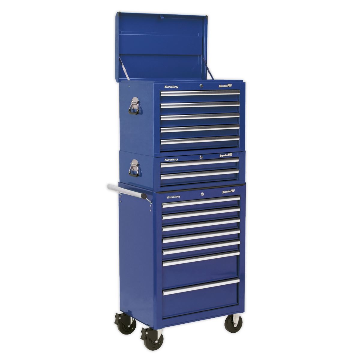 Sealey Superline Pro Topchest, Mid-Box Tool Chest & Rollcab Combination 14 Drawer with Ball-Bearing Slides - Blue