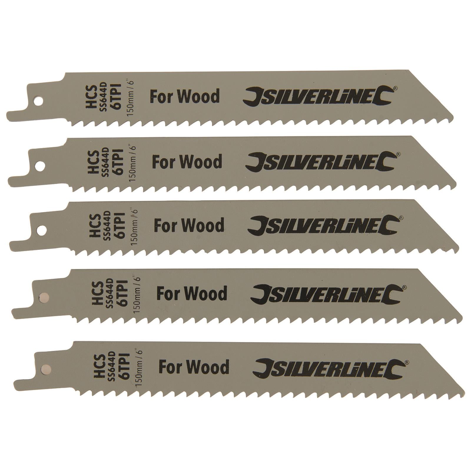 Silverline Recip Saw Blades for Wood HCS 5 Pack 6 TPI 150mm Cutting Blades