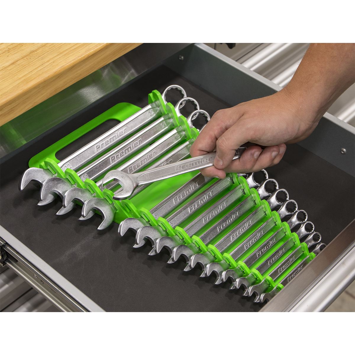 Sealey Premier High Visibility Green Spanner Rack 15 Capacity Hanging Toolbox