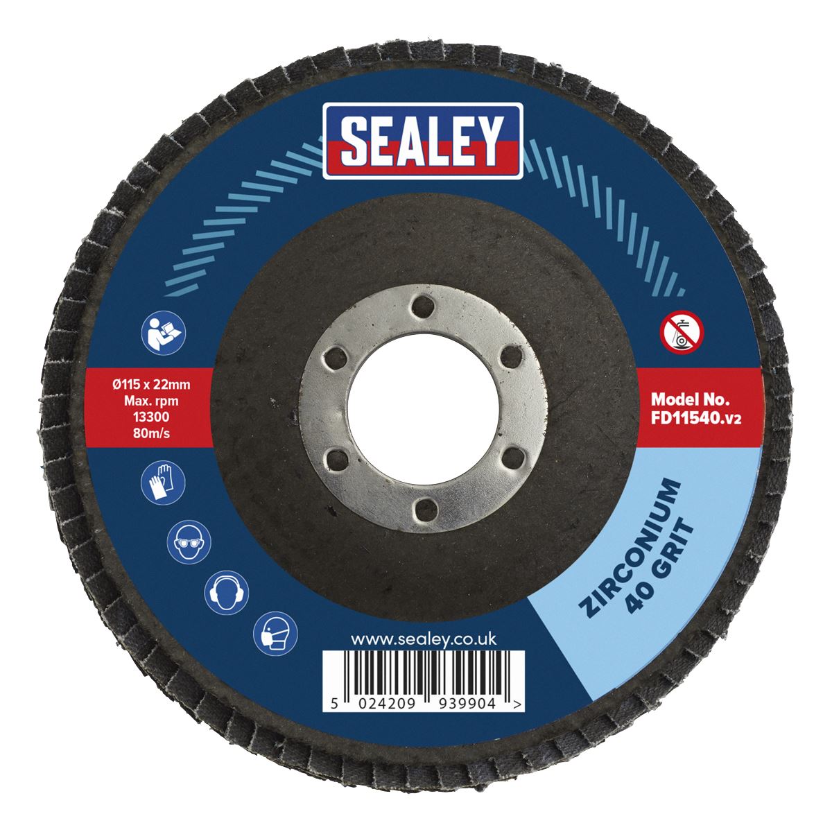 Sealey Flap Disc Zirconium Ø115mm Ø22mm Bore 40Grit