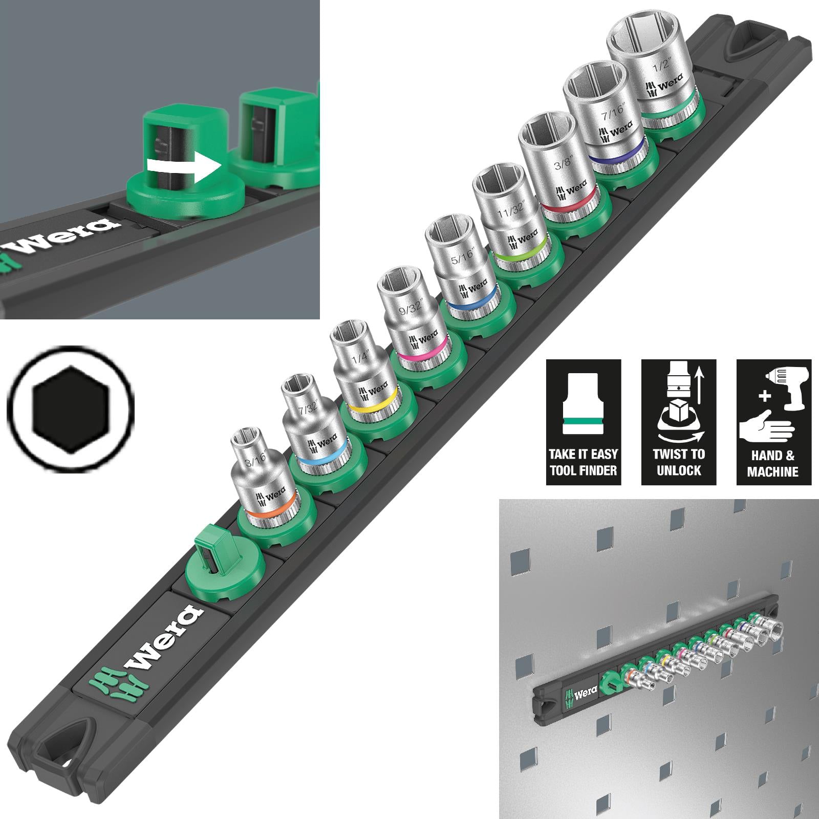 Wera Socket Set 1/4" Drive on Magnetic Socket Rail A Imperial 1 Zyklop 9 Pieces 3/16" to 1/2