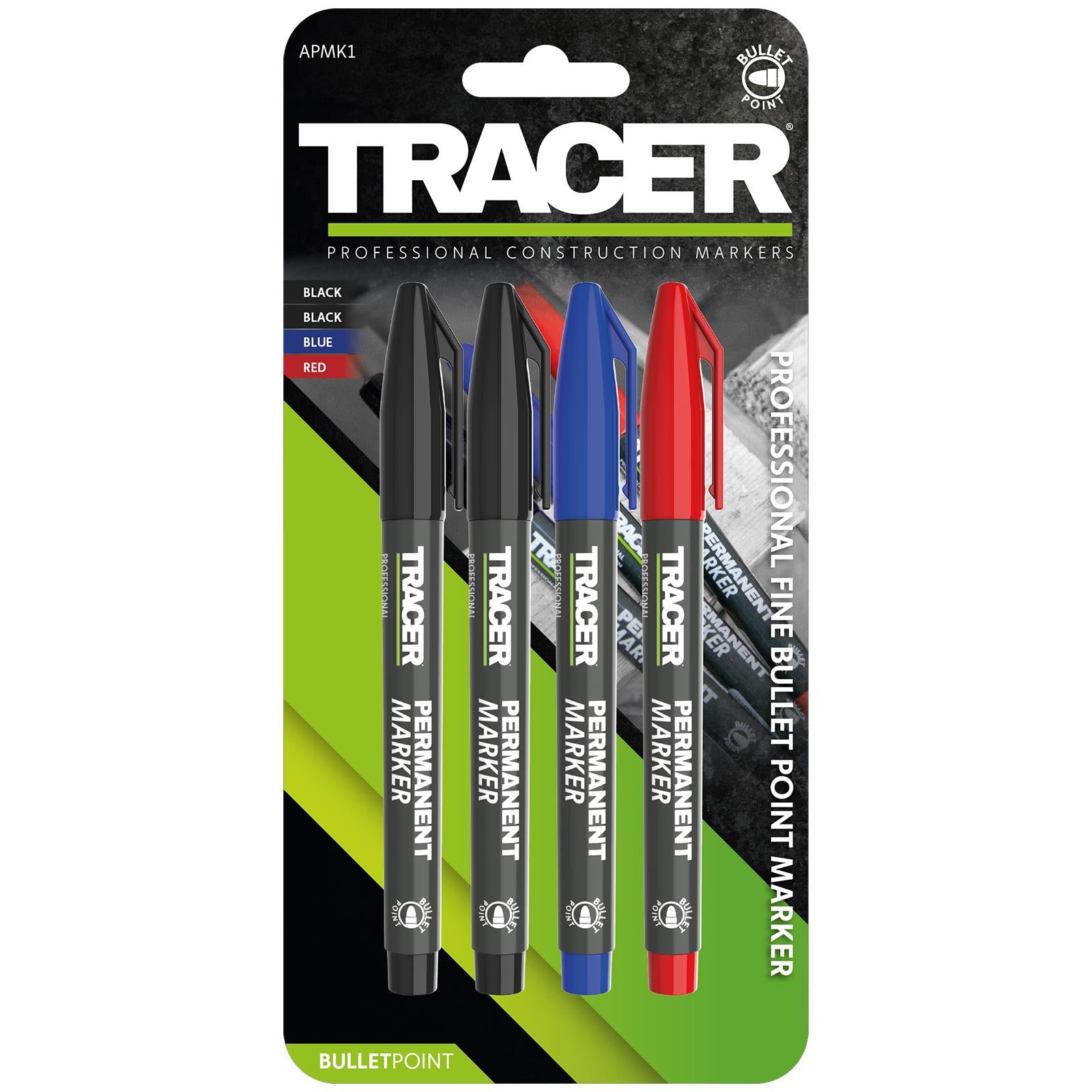 TRACER Permanent Marker Pen Pack of 4 Black Red Blue 1-2mm Fine Bullet Point