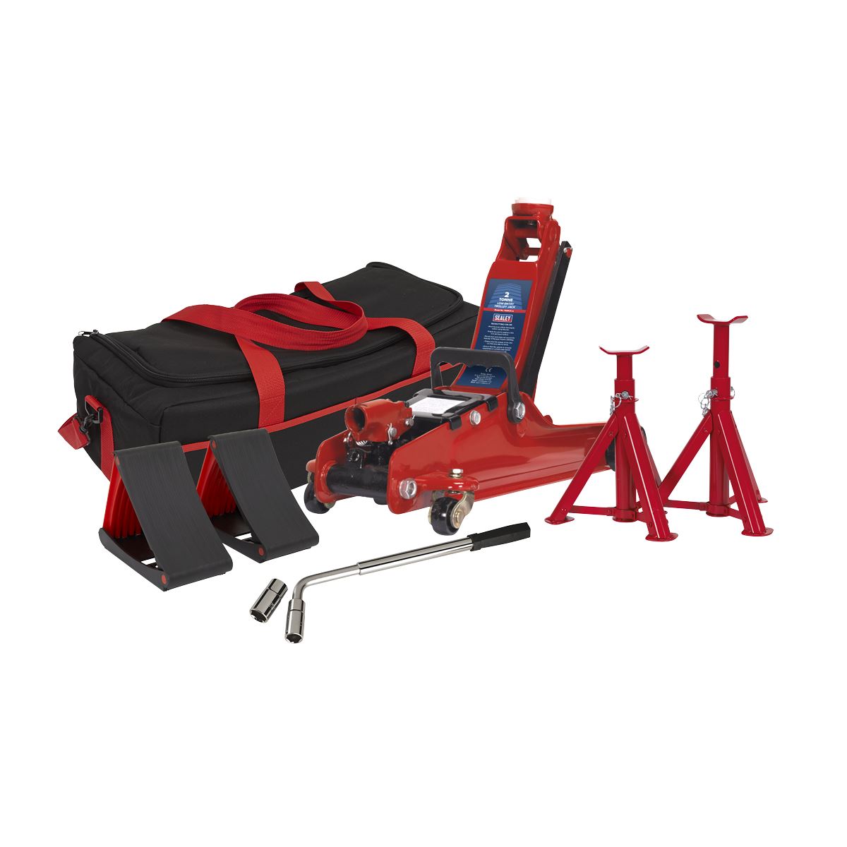 Sealey Trolley Jack 2 Tonne Low Entry Short Chassis & Accessories Bag Combo - Red
