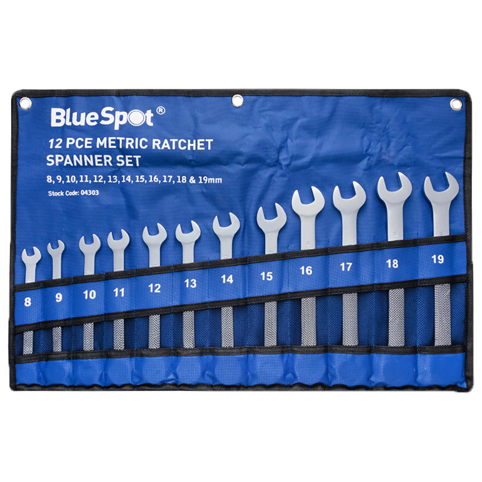 BlueSpot Ratchet Spanner Set 12 Pieces Metric 8-19mm in Tool Roll
