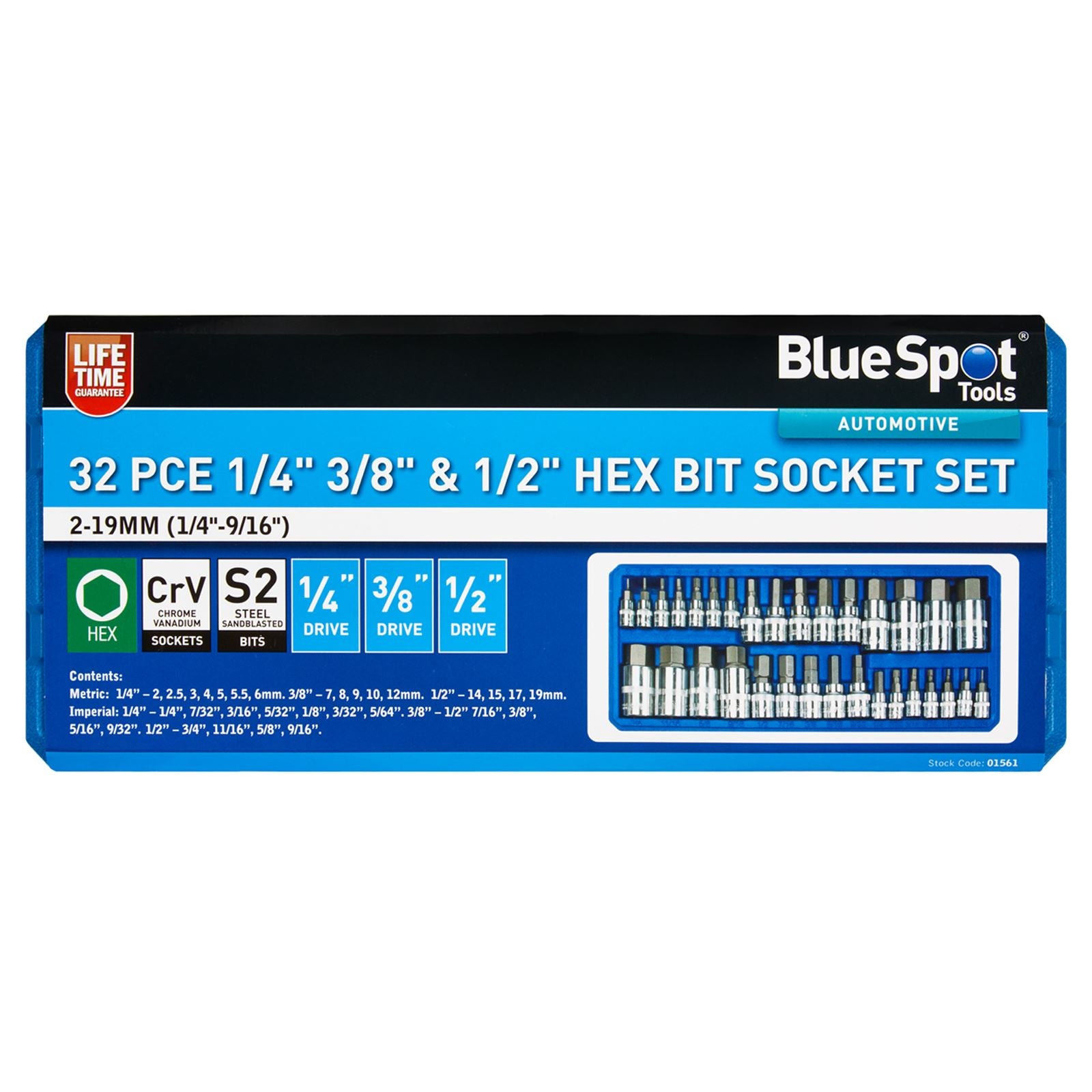 BlueSpot Hex Bit Socket Set 32 Piece 1/4" 3/8" 1/2" Drive Metric and Imperial