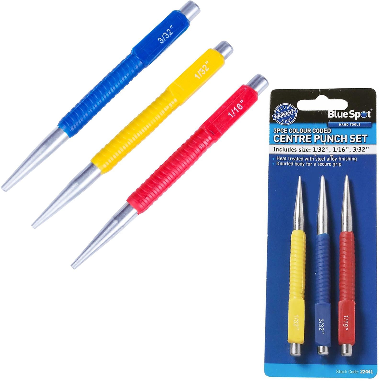 BlueSpot Centre Punch Set Colour Coded Imperial Scribe Dot Marking Drilling 3pc