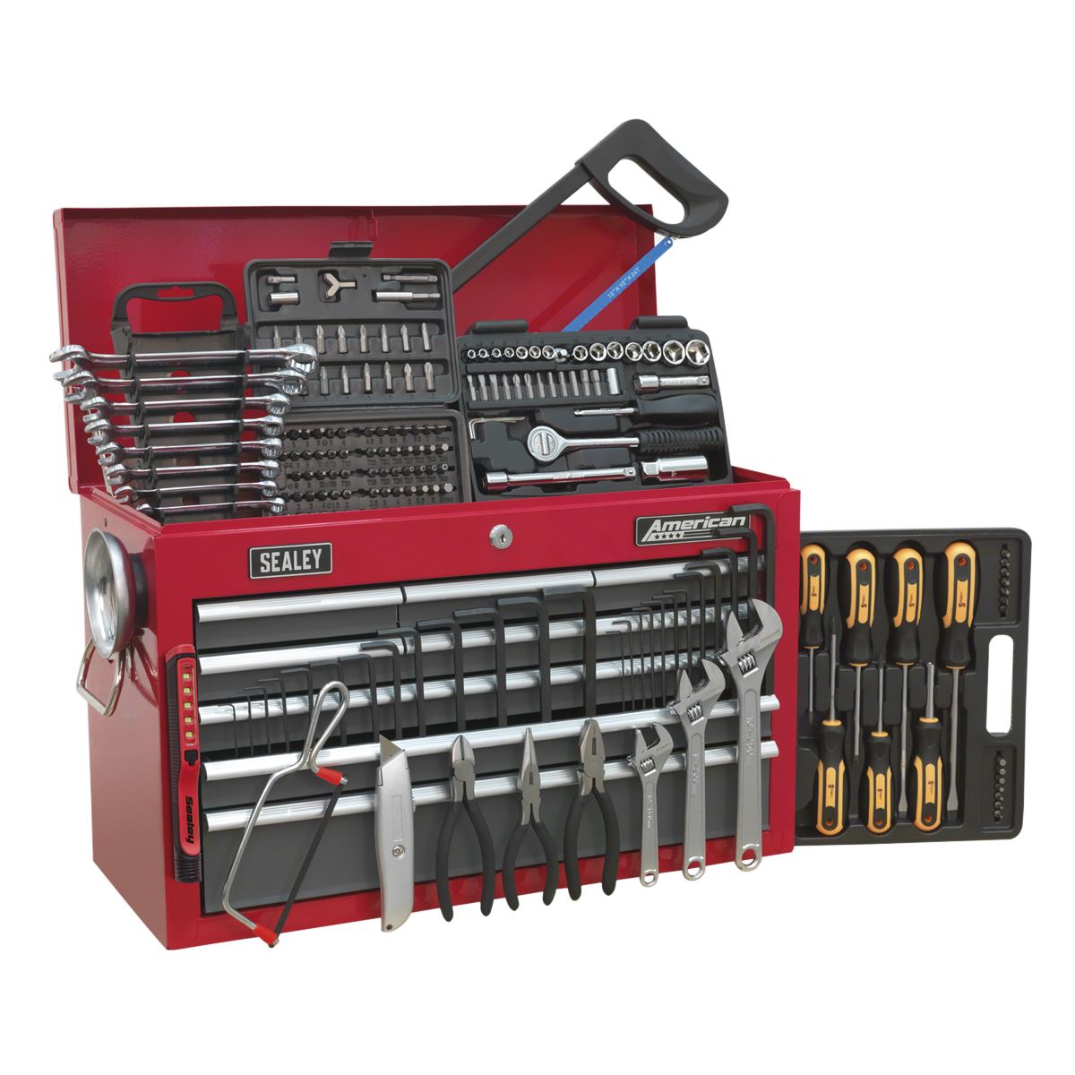 Sealey American Pro Topchest 9 Drawer with Ball-Bearing Slides - Red/Grey & 205pc Tool Kit