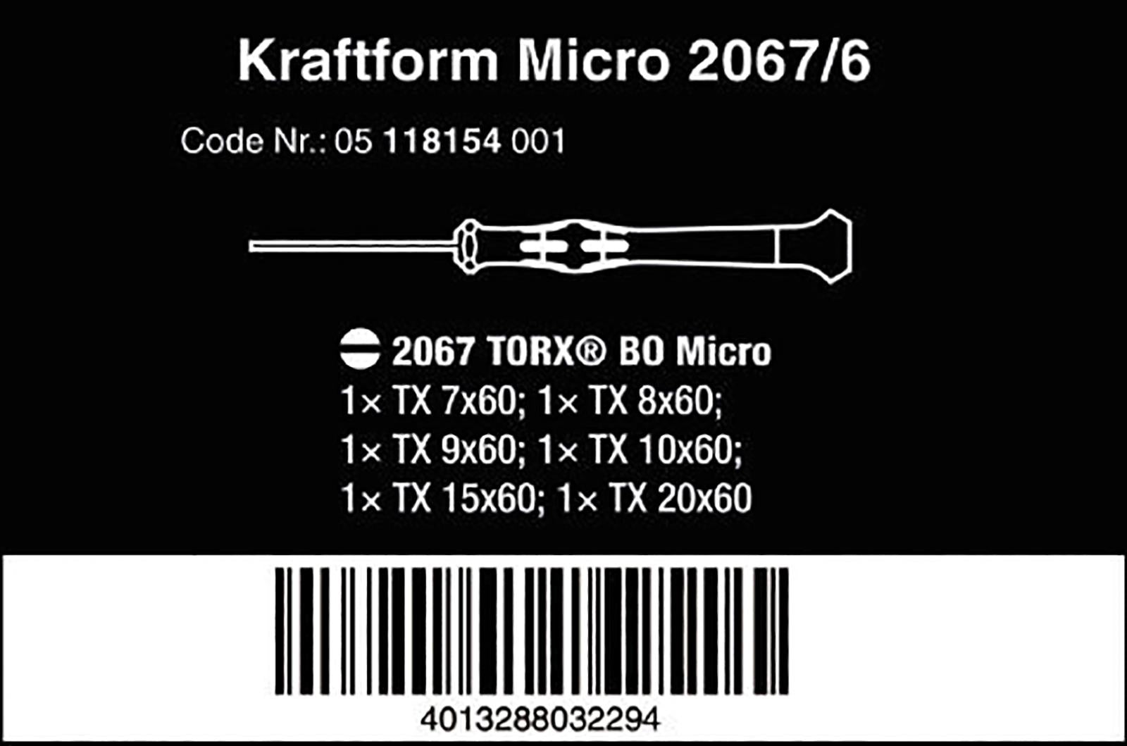 Wera Micro Screwdriver Set Kraftform TORX BO Tamper-Proof Screws 2067/6 6 Piece TX7-TX20