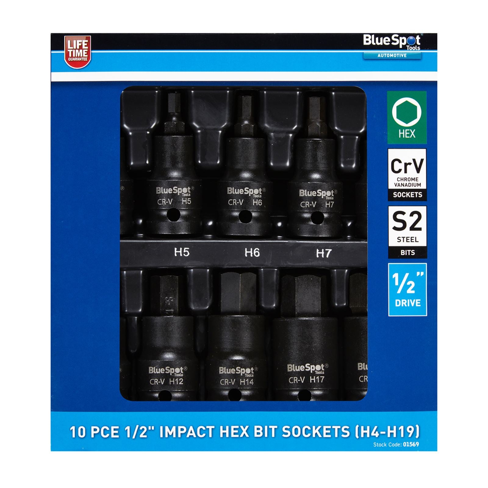 BlueSpot Impact Hex Bit Sockets 1/2" 10 Piece H4-H19