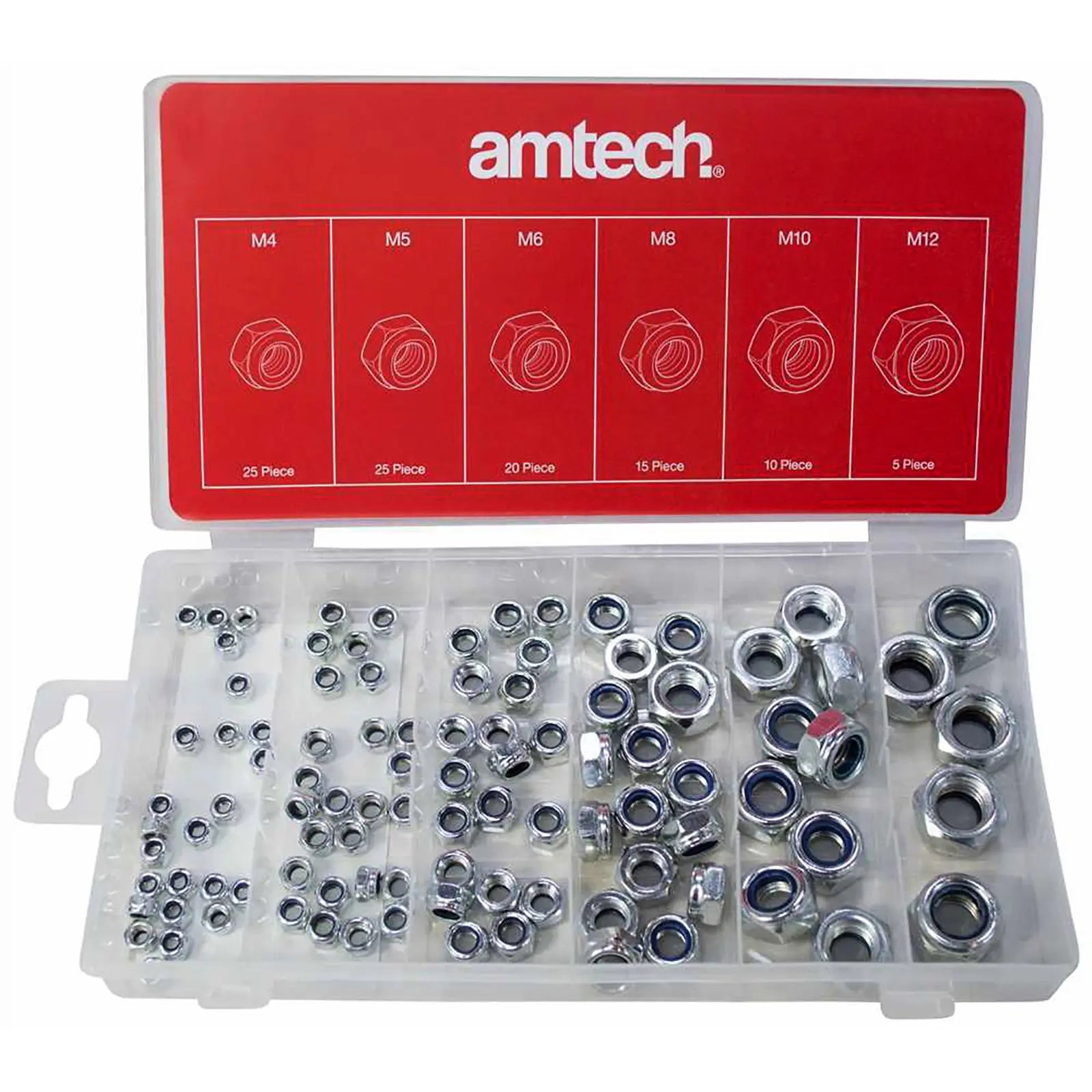 Amtech 100 Piece Locking Nut Assortment M4-M12 Nylon Insert - White