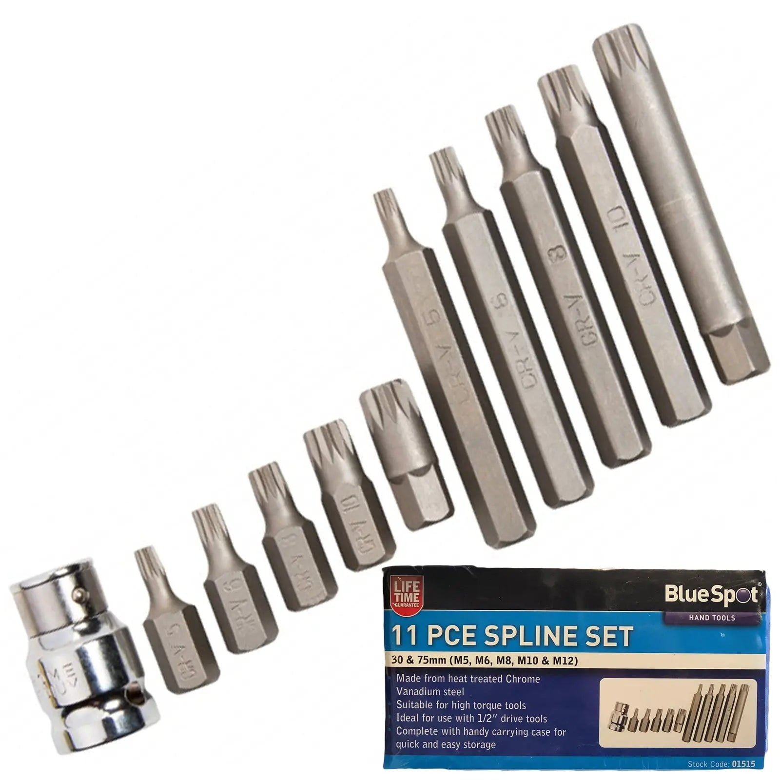 BlueSpot 11 Piece Spline Driver Bit Set M5-M12 1/2" Drive Adaptor 