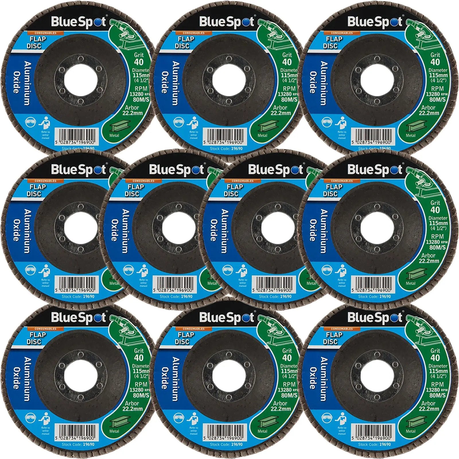BlueSpot 115mm Aluminium Oxide Flap Sanding Discs 40-120 Grit 