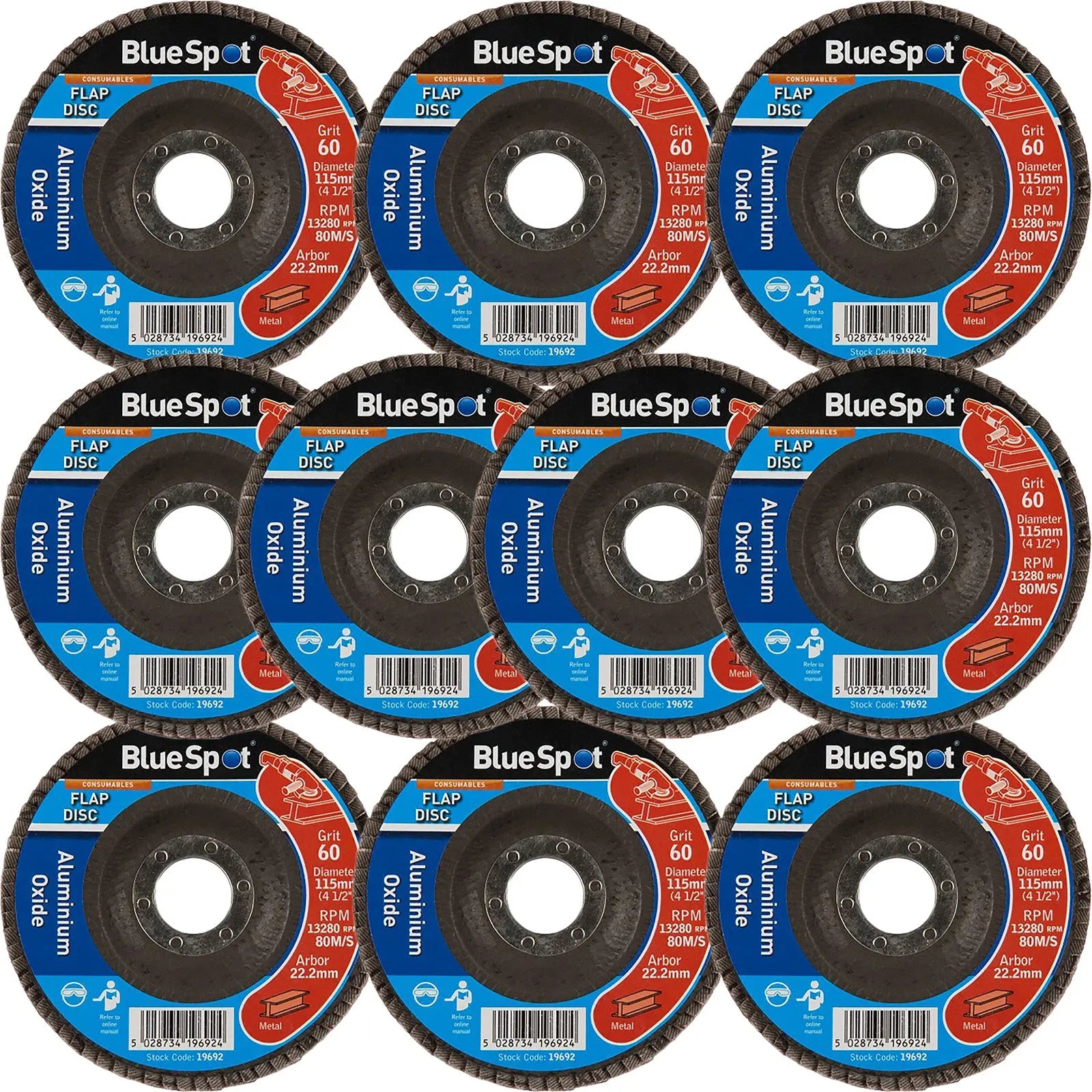 BlueSpot 115mm Aluminium Oxide Flap Sanding Discs 40-120 Grit 