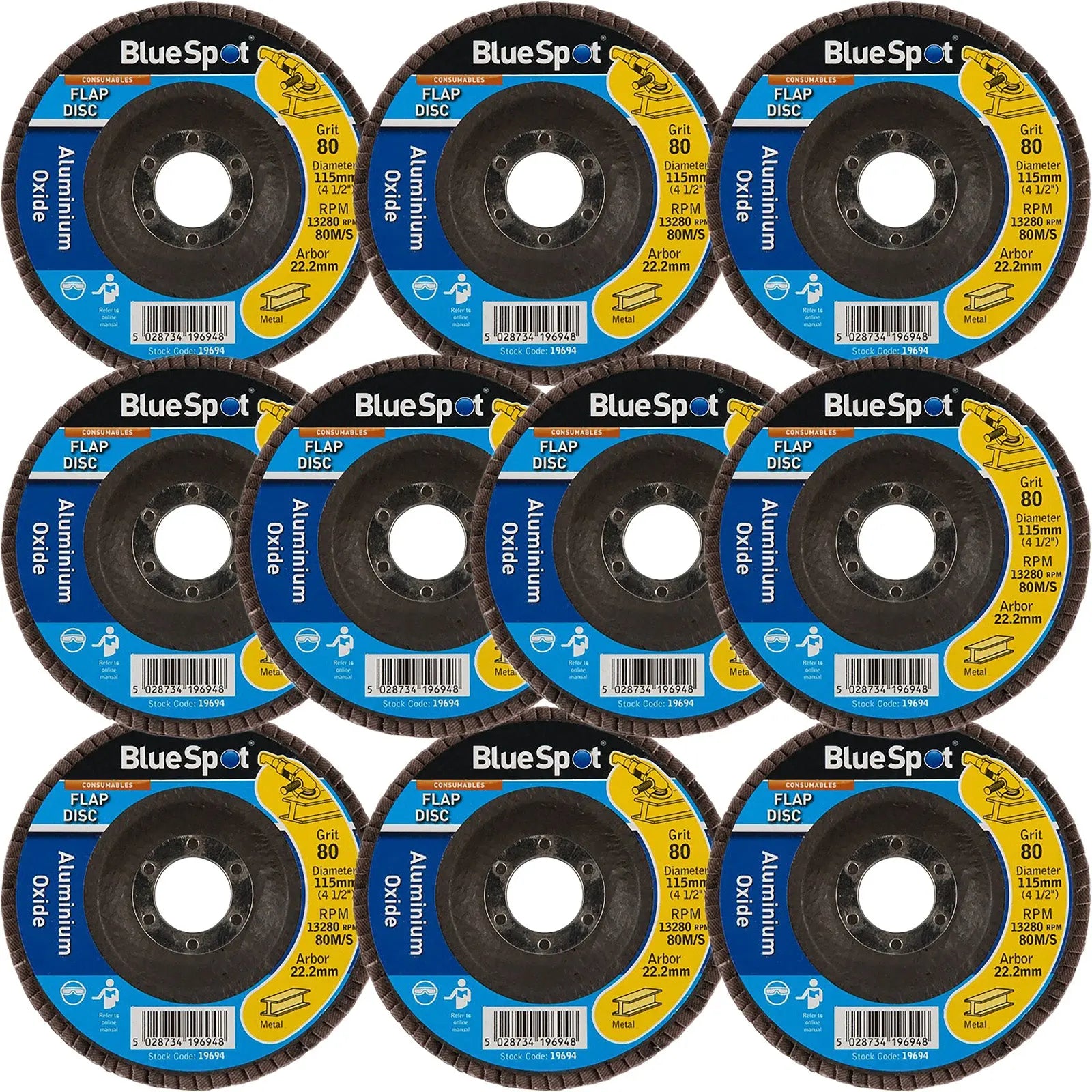 BlueSpot 115mm Aluminium Oxide Flap Sanding Discs 40-120 Grit 