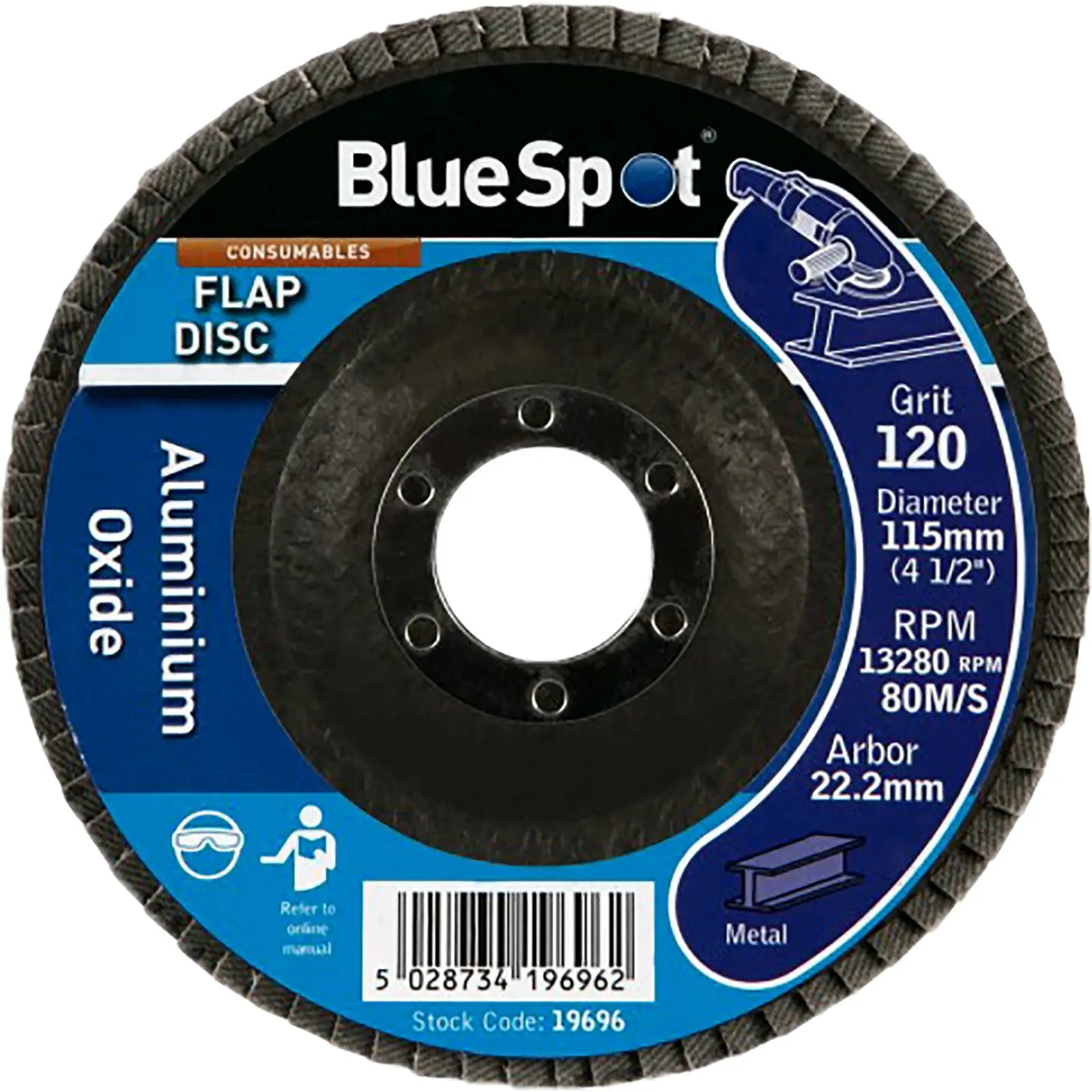 BlueSpot 115mm Aluminium Oxide Flap Sanding Discs 40-120 Grit 