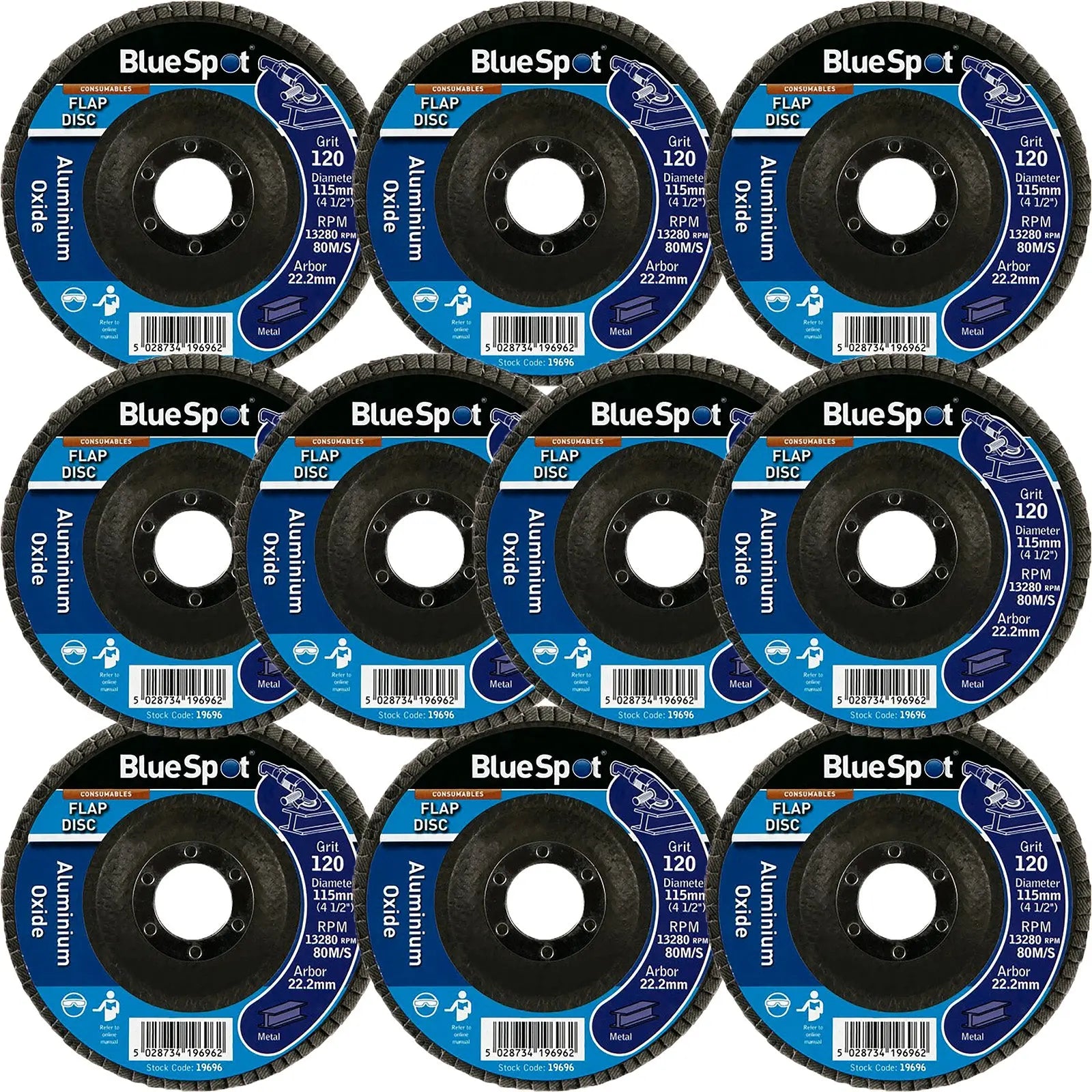 BlueSpot 115mm Aluminium Oxide Flap Sanding Discs 40-120 Grit 