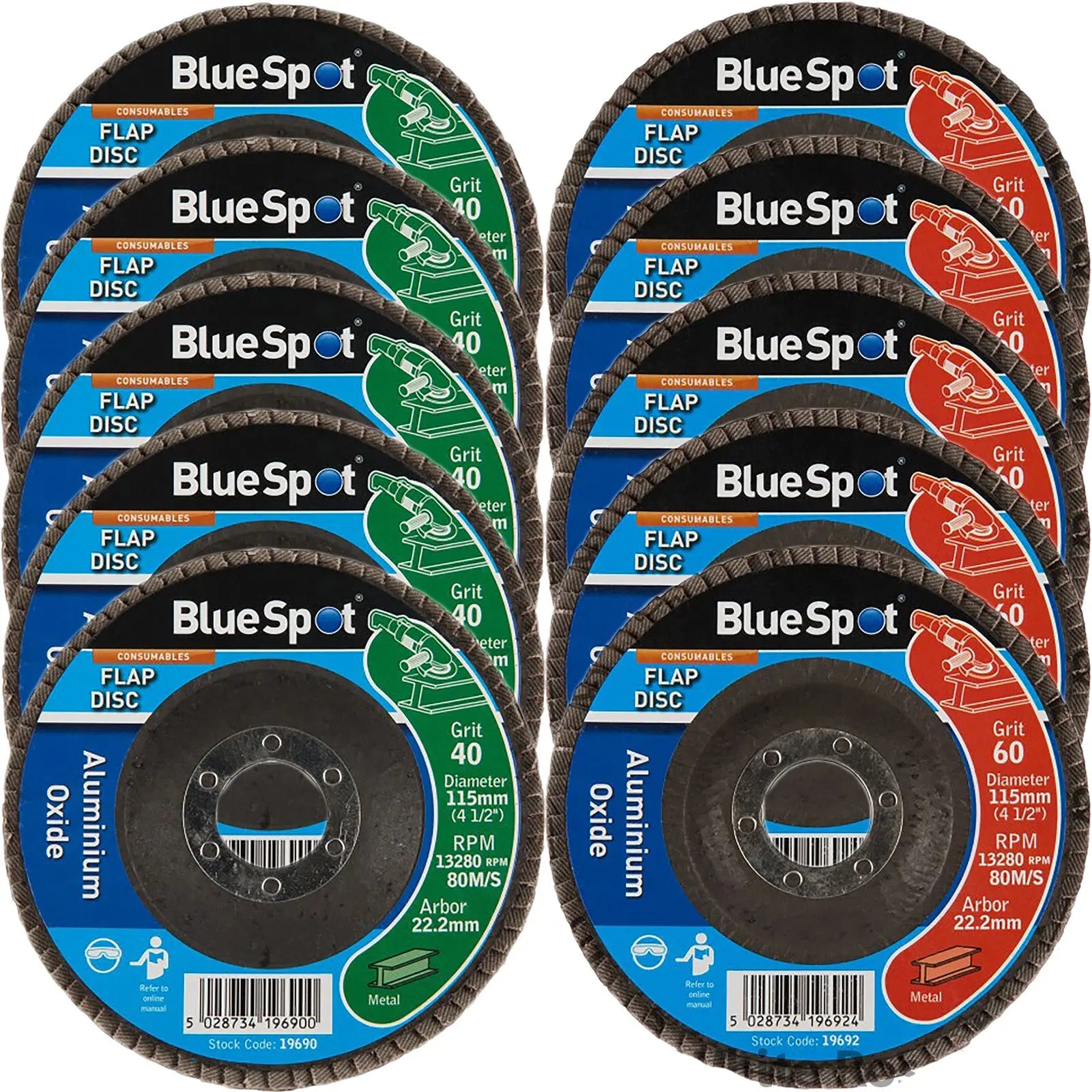 BlueSpot 115mm Aluminium Oxide Flap Sanding Discs 40-120 Grit 
