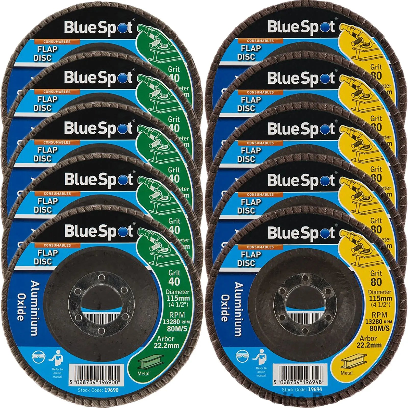 BlueSpot 115mm Aluminium Oxide Flap Sanding Discs 40-120 Grit 