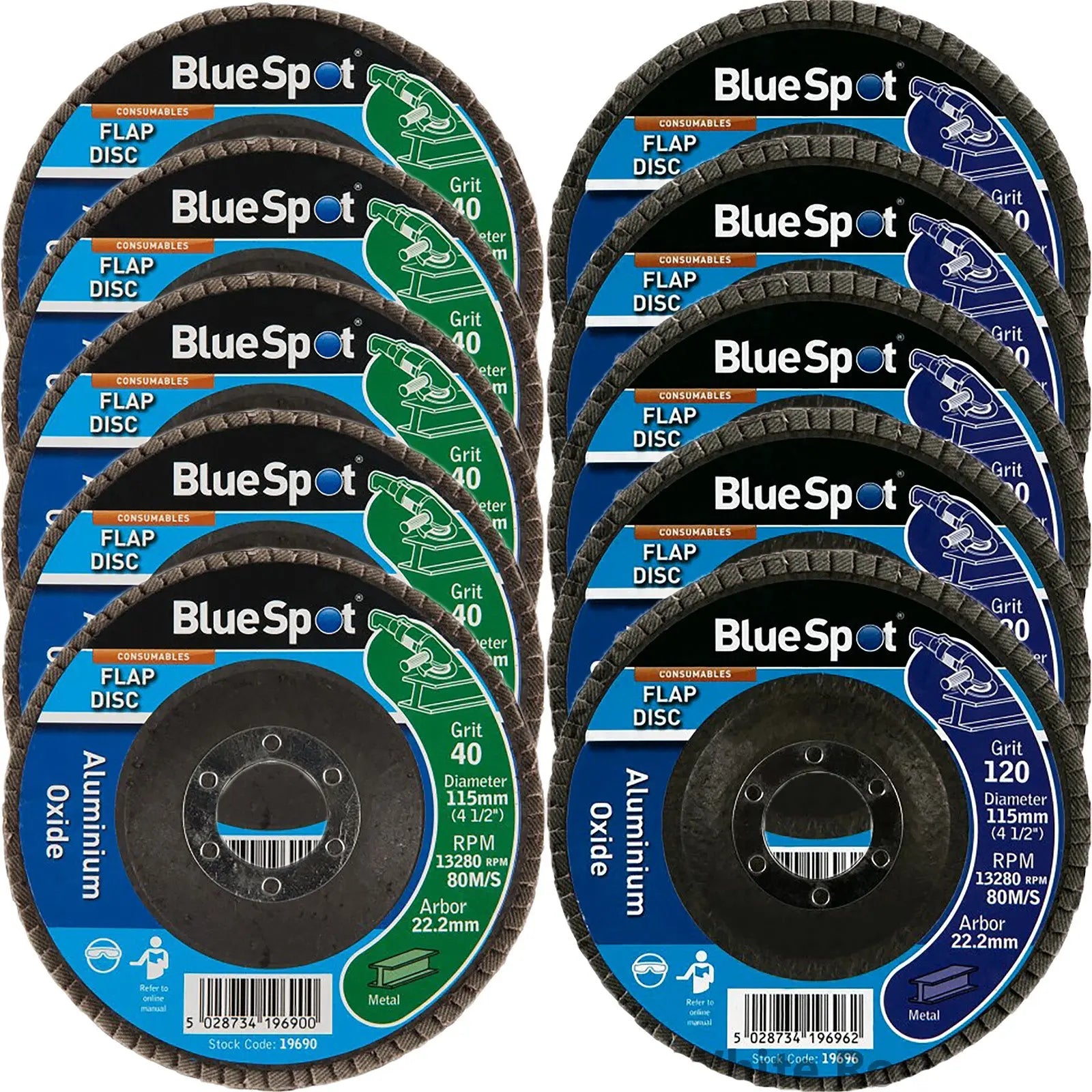 BlueSpot 115mm Aluminium Oxide Flap Sanding Discs 40-120 Grit 