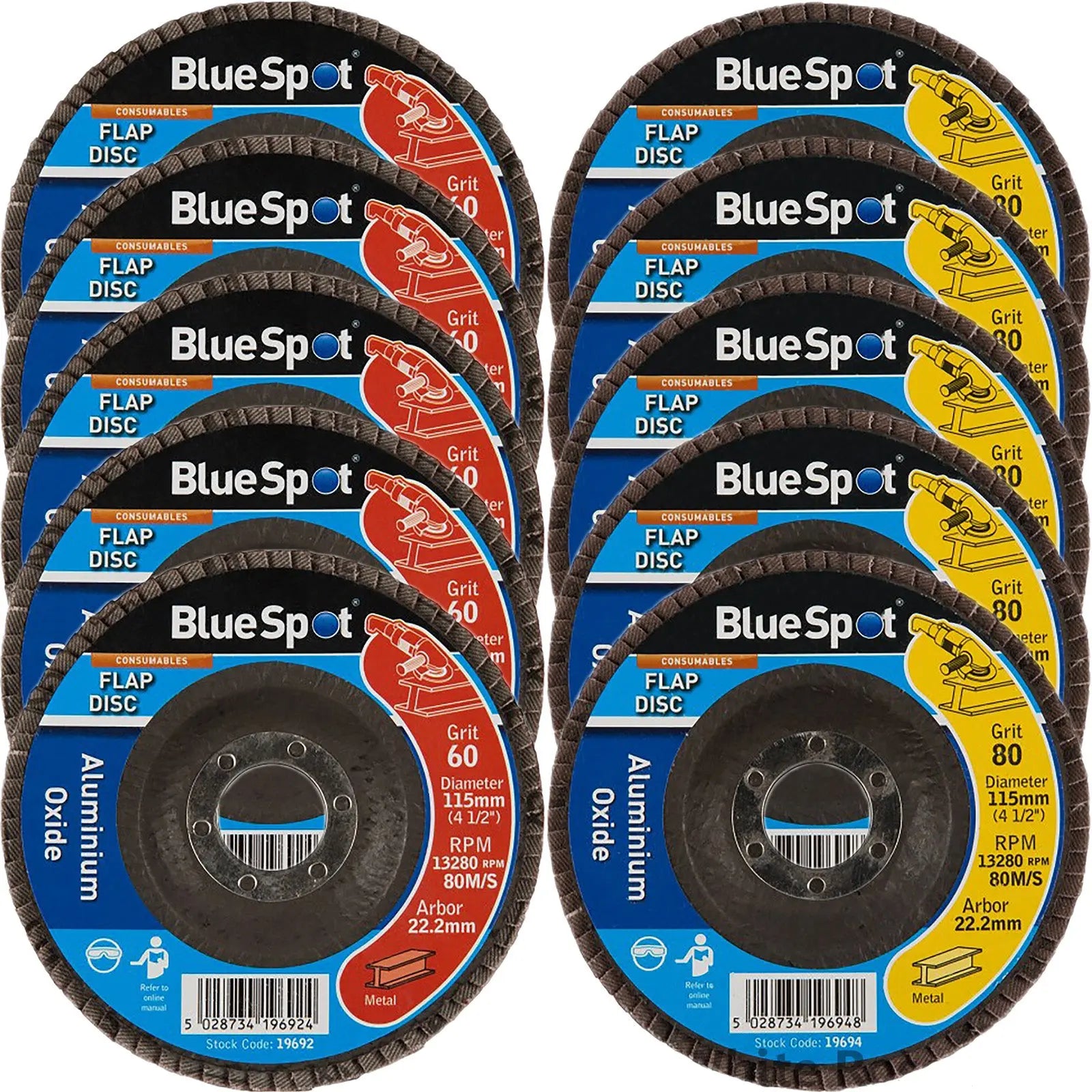BlueSpot 115mm Aluminium Oxide Flap Sanding Discs 40-120 Grit 