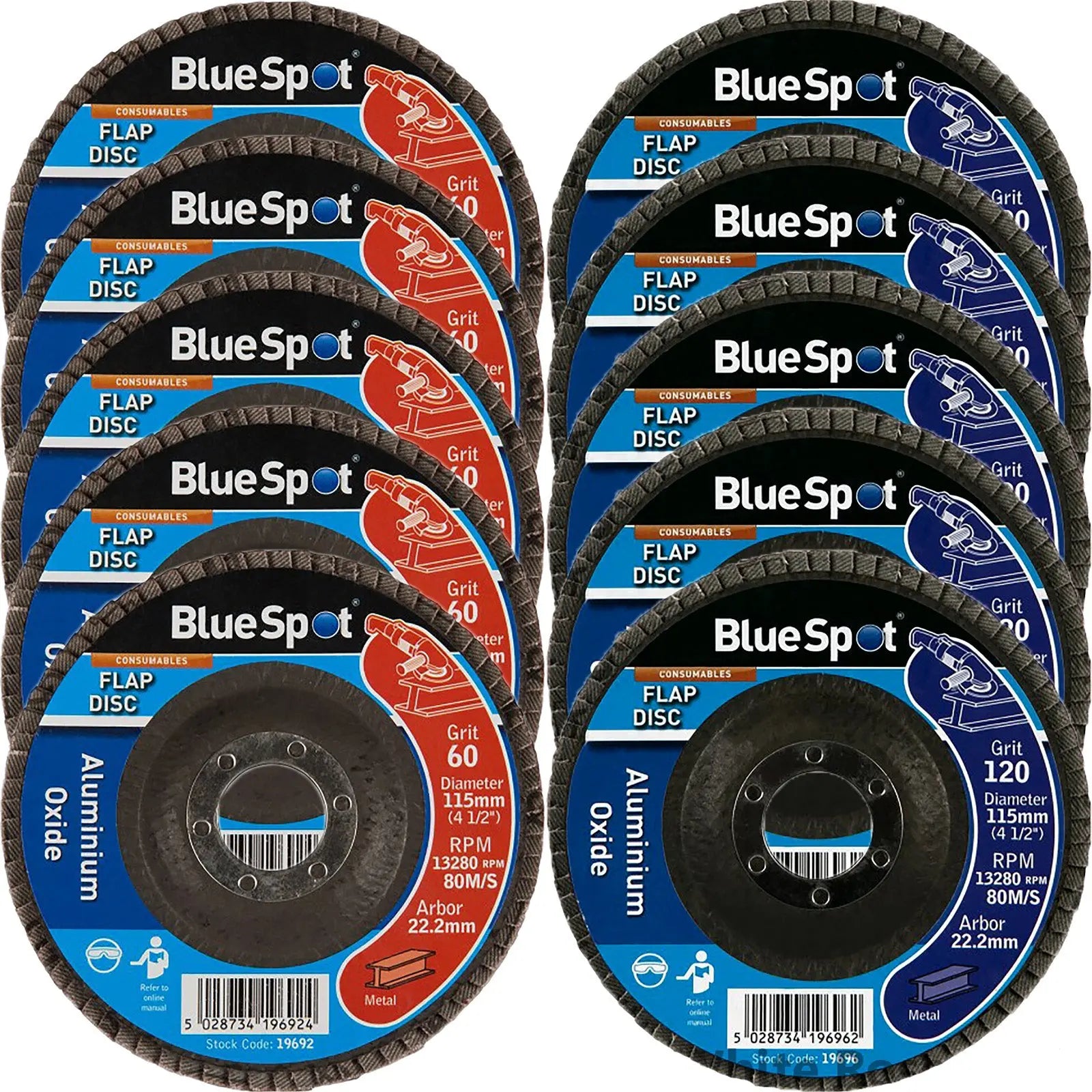 BlueSpot 115mm Aluminium Oxide Flap Sanding Discs 40-120 Grit 