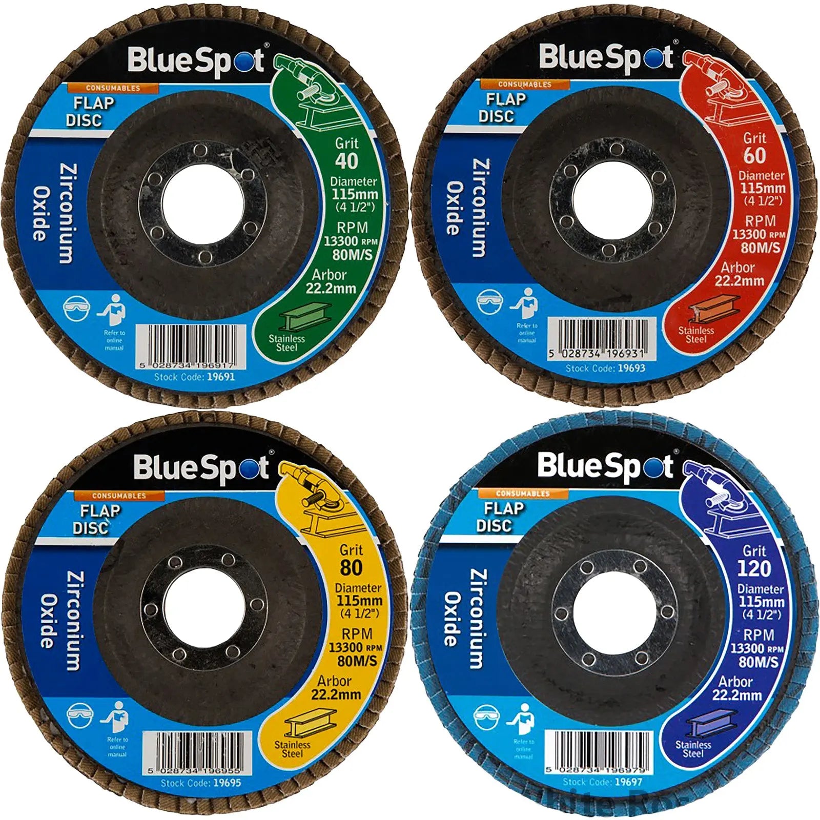 BlueSpot 115mm Zirconium Oxide Flap Sanding Discs 40-120 Grit 