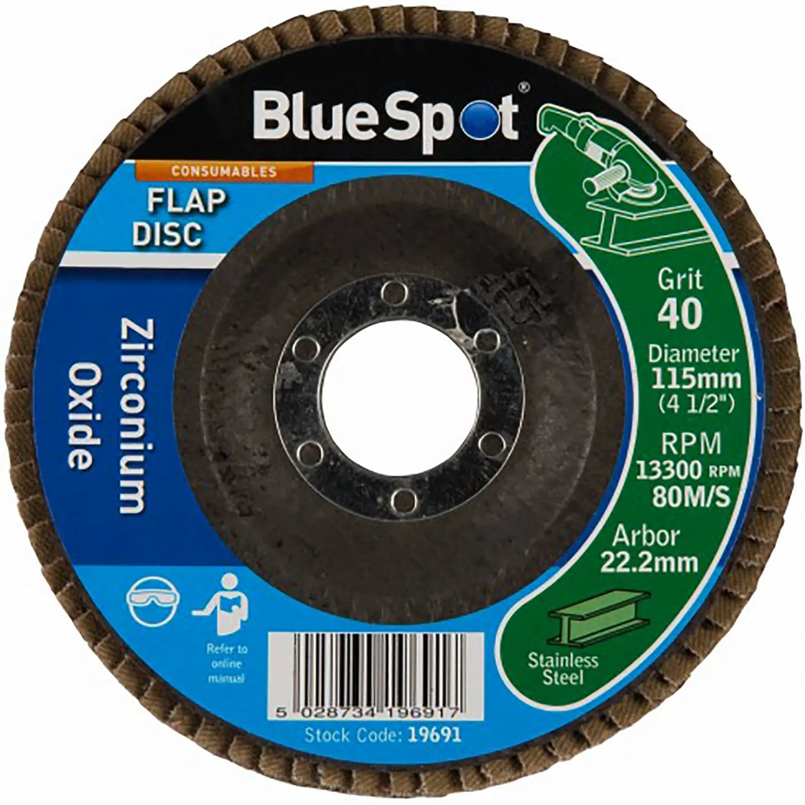 BlueSpot 115mm Zirconium Oxide Flap Sanding Discs 40-120 Grit 