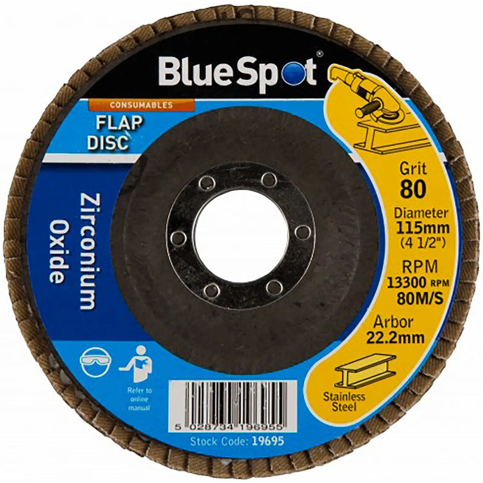 BlueSpot 115mm Zirconium Oxide Flap Sanding Discs 40-120 Grit 