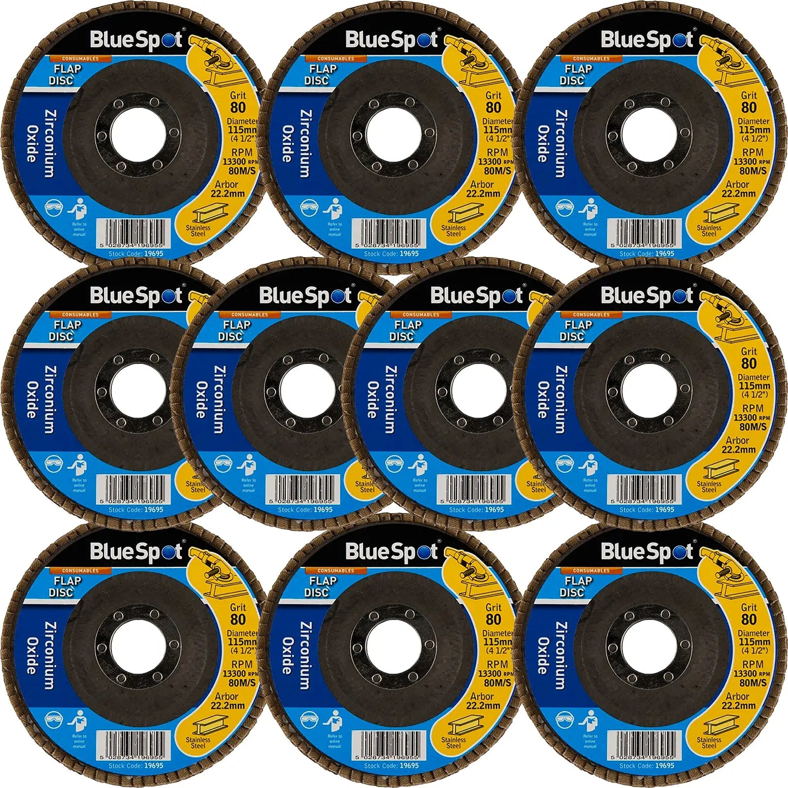 BlueSpot 115mm Zirconium Oxide Flap Sanding Discs 40-120 Grit 