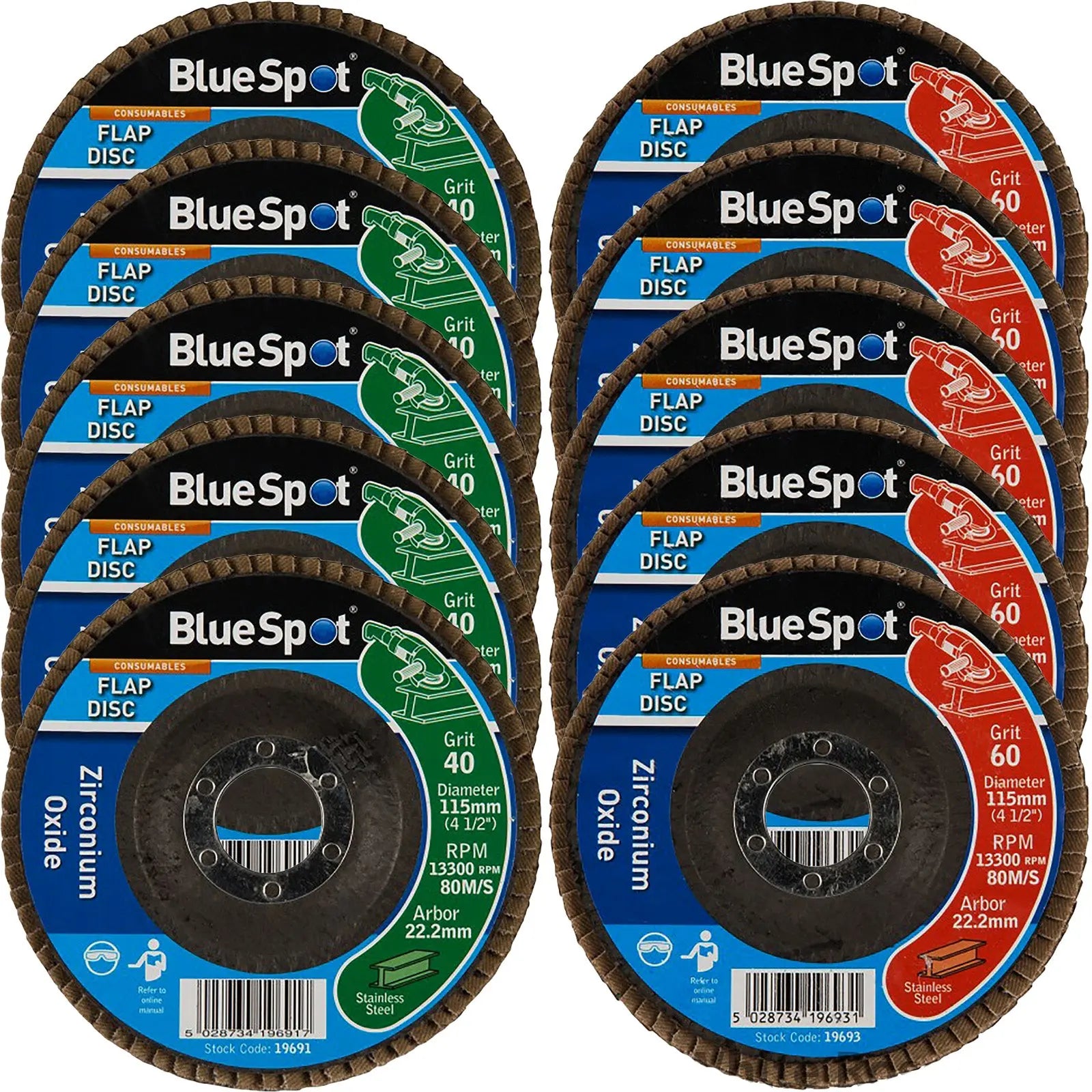 BlueSpot 115mm Zirconium Oxide Flap Sanding Discs 40-120 Grit 